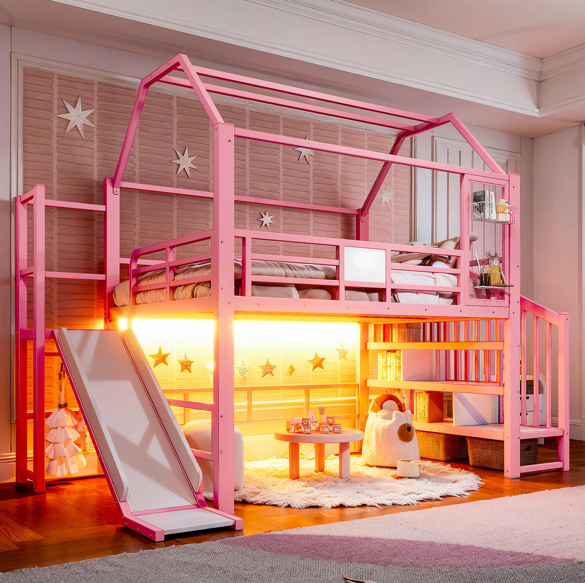 KINDERHOCHBETT MDF & Metall 140x200 cm Pink im Hausdesign mit Rutsche, Treppe mit Ablagen und LED-Beleuchtung - Pink, Holzwerkstoff (140/200cm) - Modfu