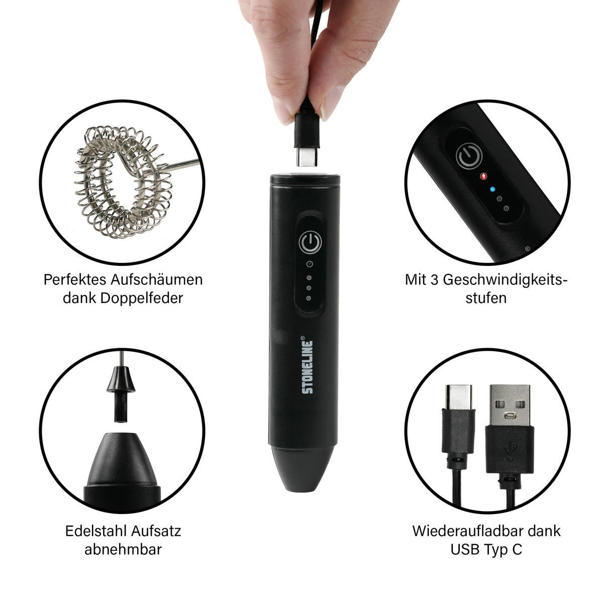 MILCHAUFSCHÄUMER - Schwarz, Kunststoff - Stoneline