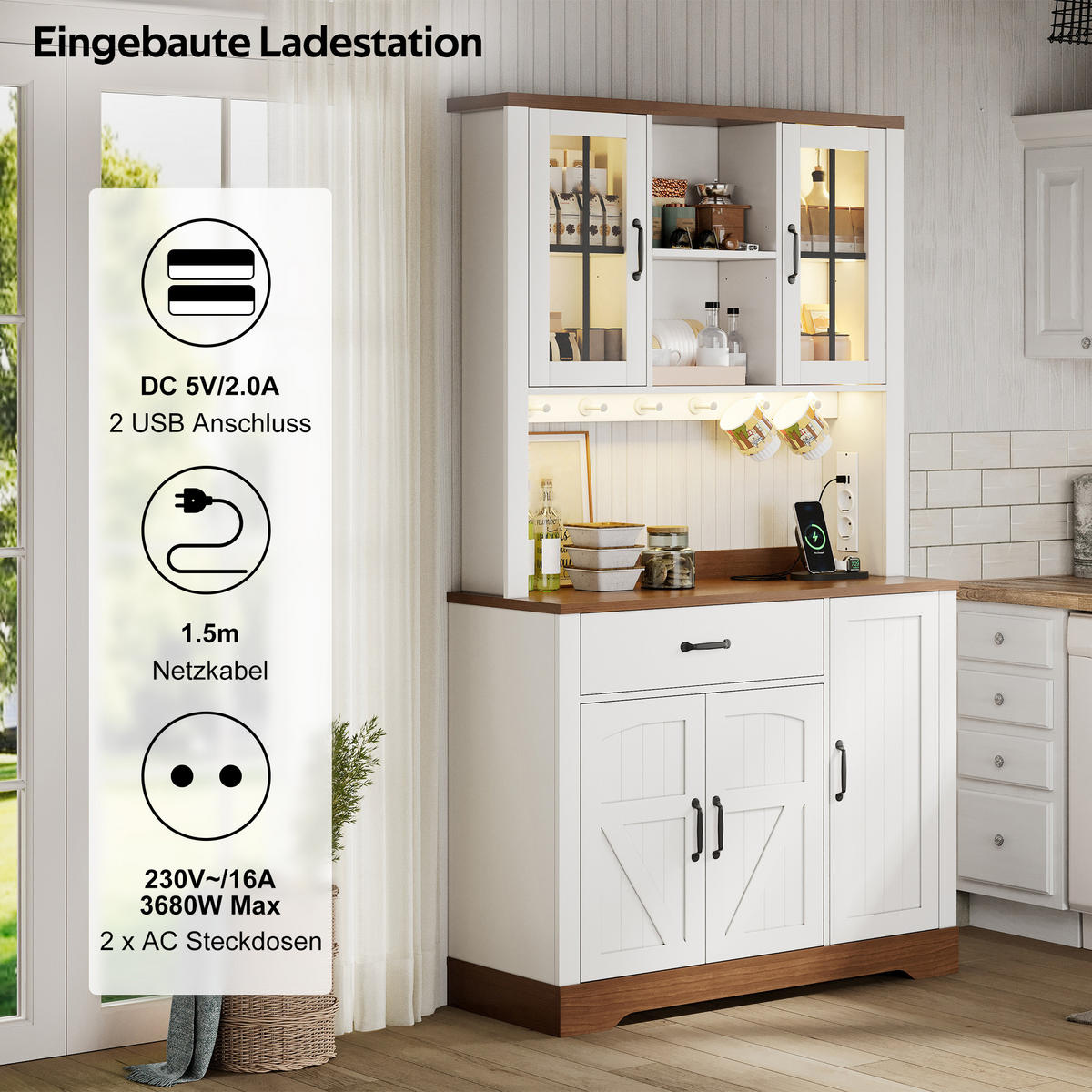 BUFFET 105/40/185 cm Weiß mit 1 Schubladen, farbwechselnder LED-Beleuchtung und Steckdosen - Weiß, Holz (105/185/40cm) - Oxeza