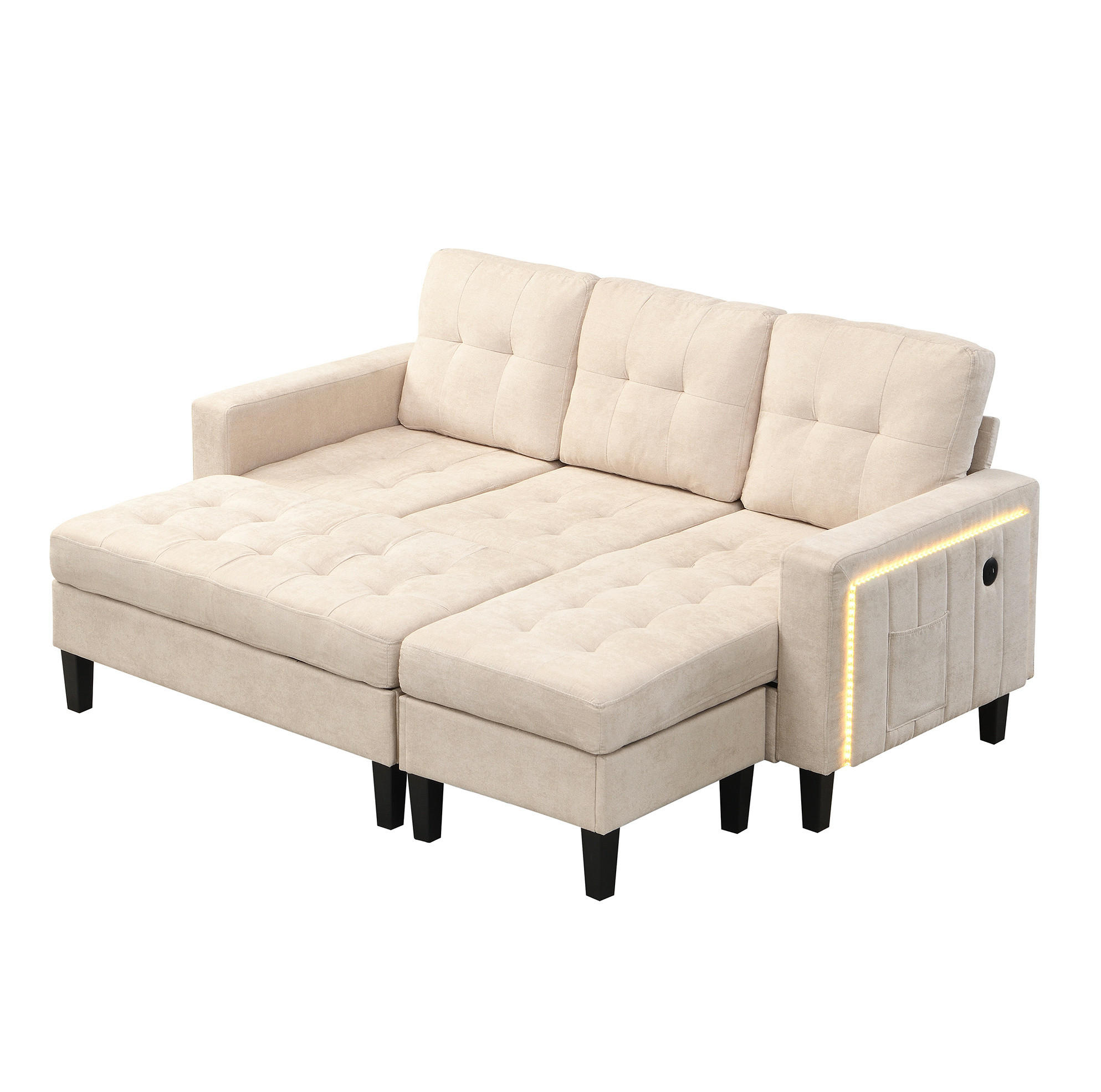 ECKSOFA 185/135/85 cm beige aus Chenille mit LED, USB und Fußhocker - Beige, Kunststoff (135/185cm) - OKWISH