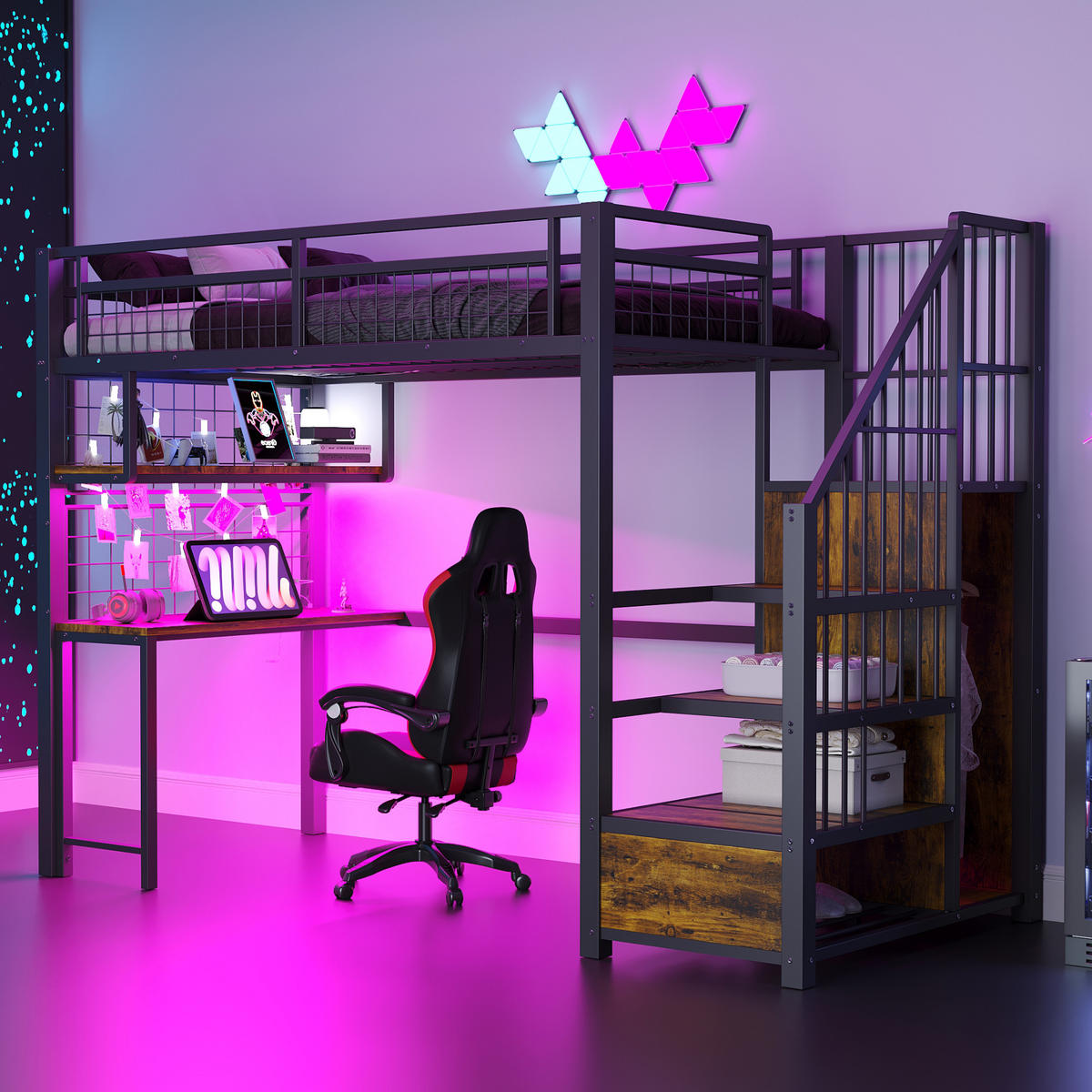 HOCHBETT 90/200 cm in Schwarz mit Stauraumtreppe, Schreibtisch, Regal und LED - Schwarz, Holzwerkstoff/Metall (90/200cm) - STILVORA