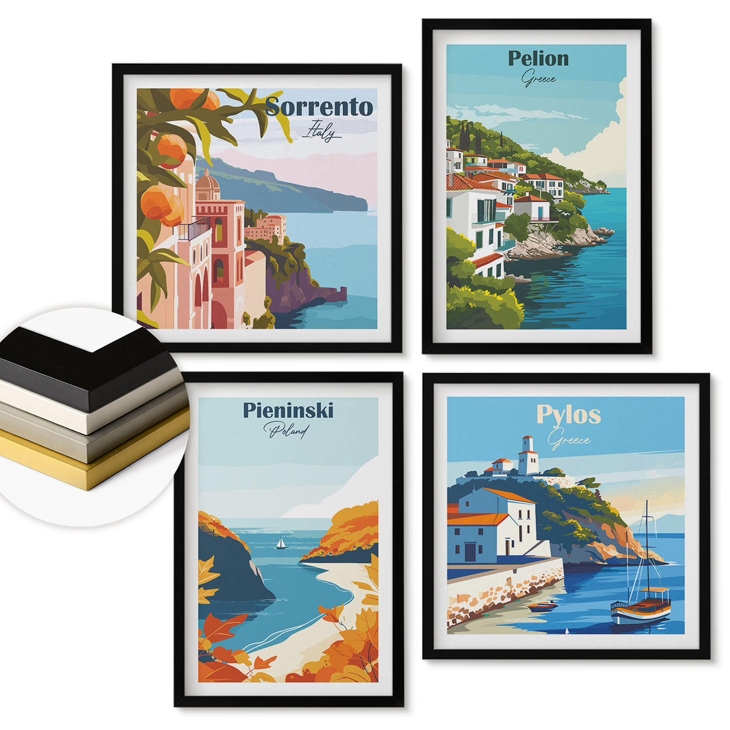 WANDBILDER 4er-Set - 50x50 cm & 40x60 cm Schwarzer Rahmen - Retro-Landschaften im malerischen Stil - Schwarz, Kunststoff (50/50cm) - ArtPrintCave