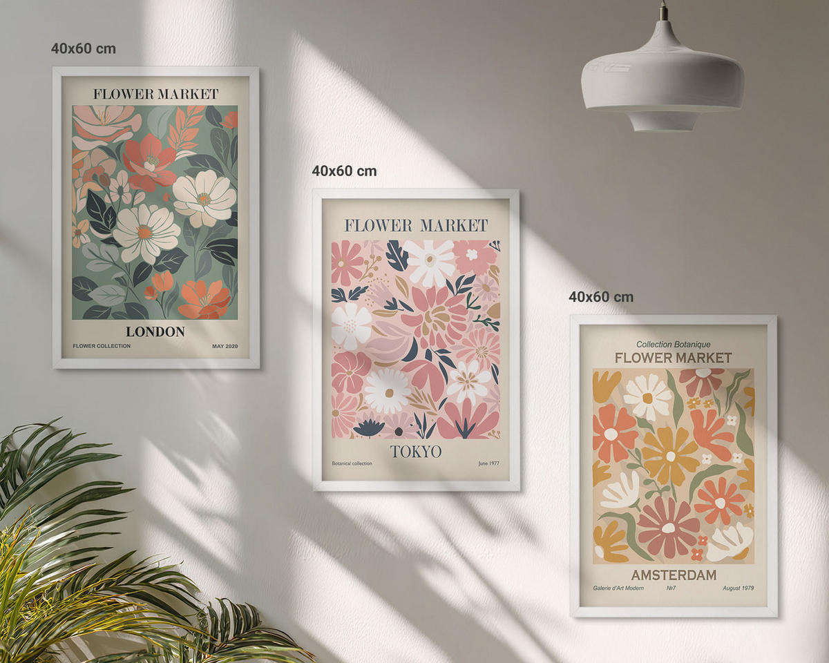 BILDER SET 3er Set - 40x60 cm Weißer Rahmen - Blumenmuster London Tokio Amsterdam - Weiß, Kunststoff (40/60cm) - TULUP