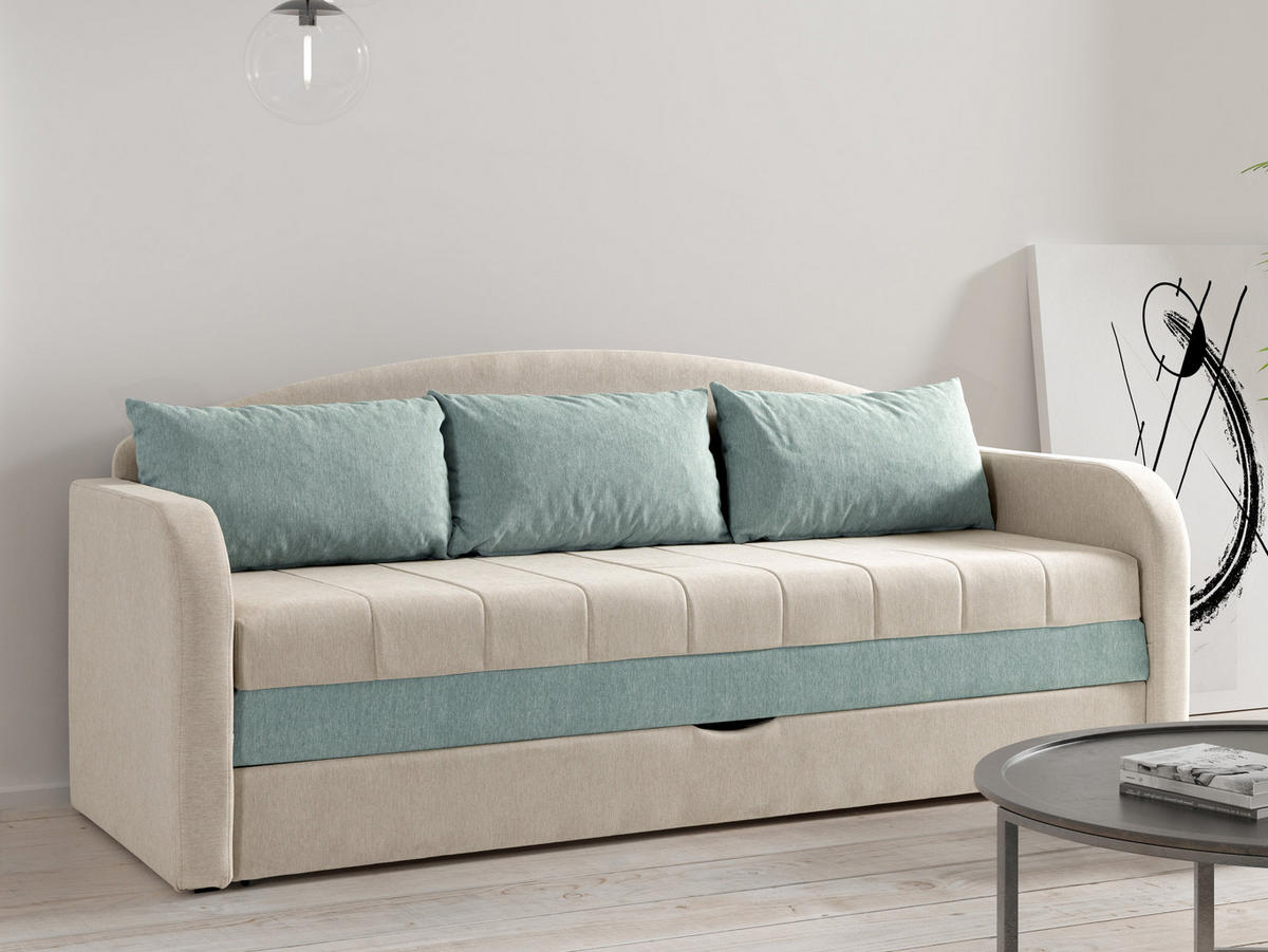 CANAPEA EXTENSIBILA Tenus - bej/turcoaz, material textil/lemn (208/86/76cm) - MIRJAN24