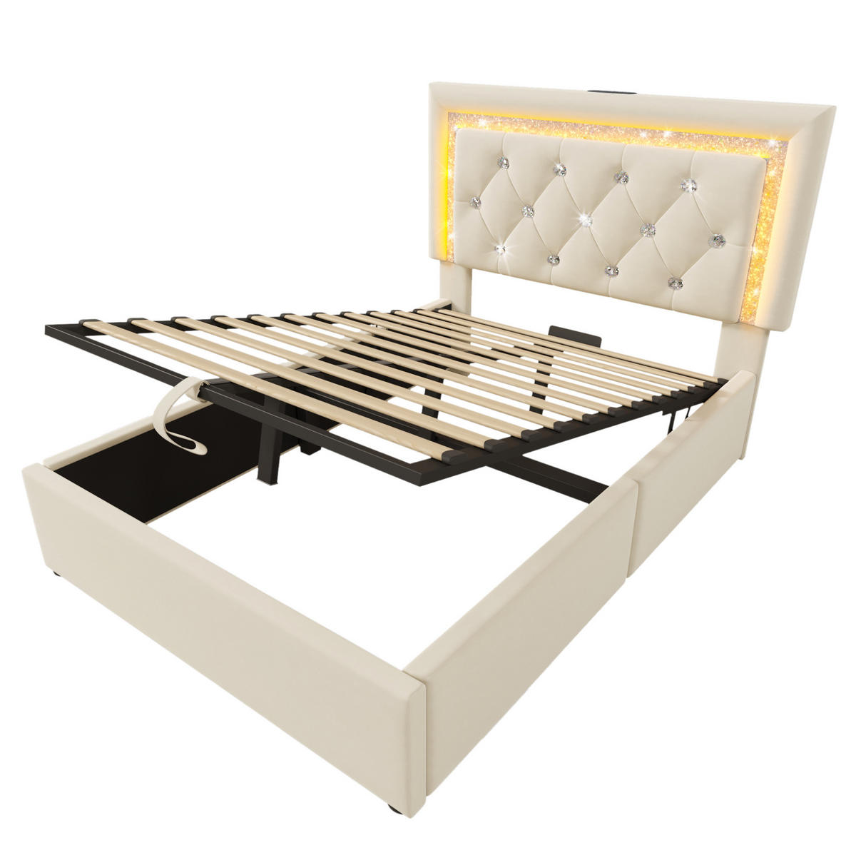 POLSTERBETT Samt 90x200 cm Beige mit Bettkasten, LED-Beleuchtung, USB/USB-C und Matratze - Beige, Textil (90/200cm) - IVMEU
