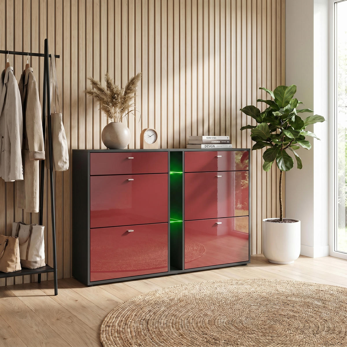 SCHUHSCHRANK Today Fronten in Bordeaux Hochglanz - Bordeaux, Holzwerkstoff (155.5/95/28cm) - Vladon