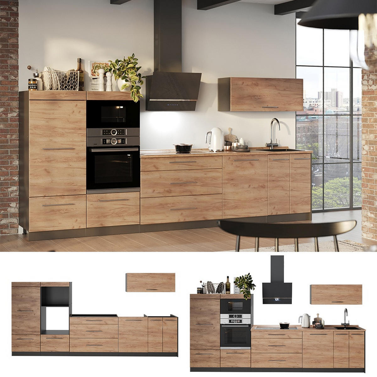 KUHINJSKI BLOK Fame-Line, Hrast zlatnog tona/Antracit, 340 cm, RP Mramor - boje hrasta/antracit, drvni materijal (340/153.6/60cm) - Vicco