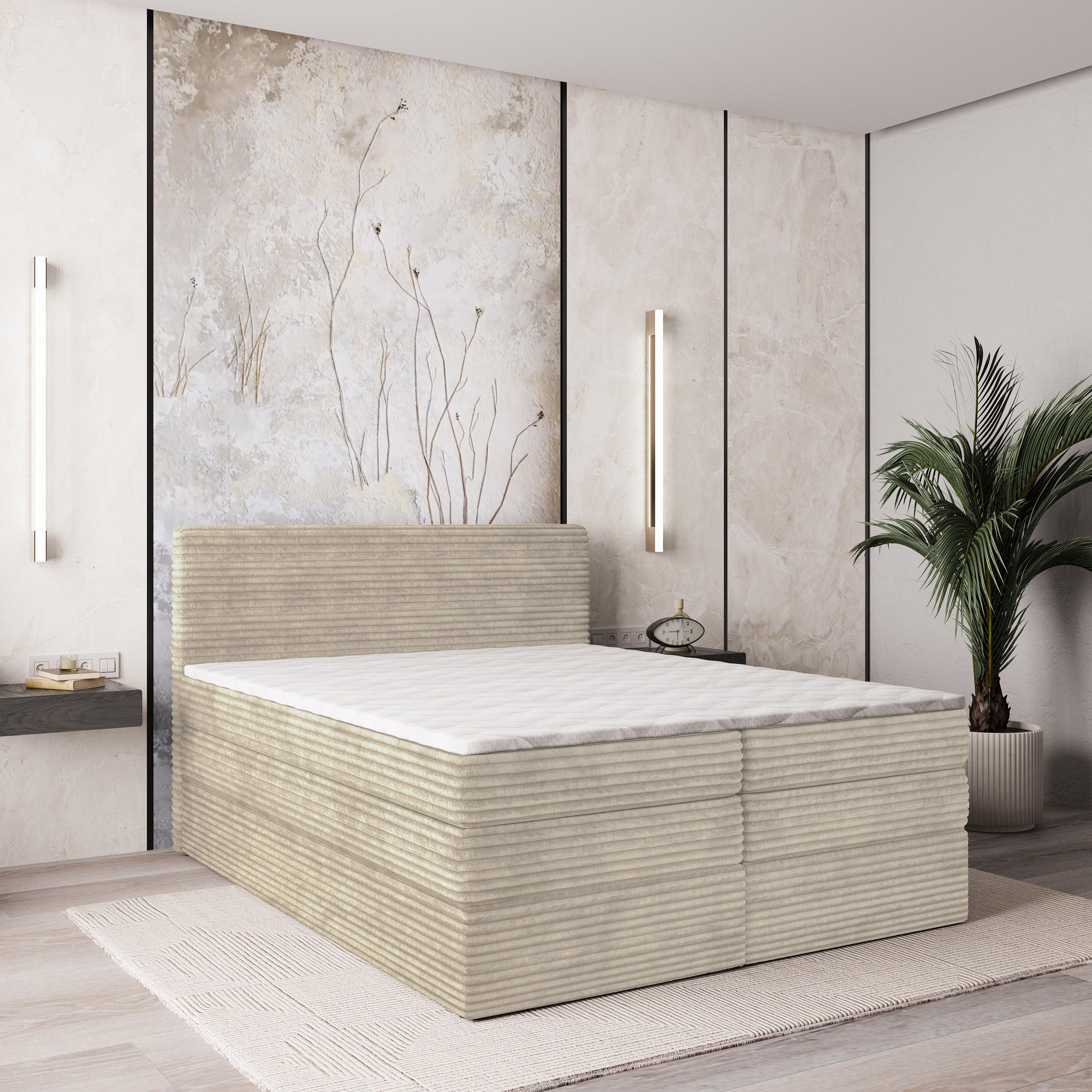 BOXSPRINGBETT LUNERA 180x200 cm mit Matratze und Topper - Creme - Creme, Holz (180/200cm) - MASSENO