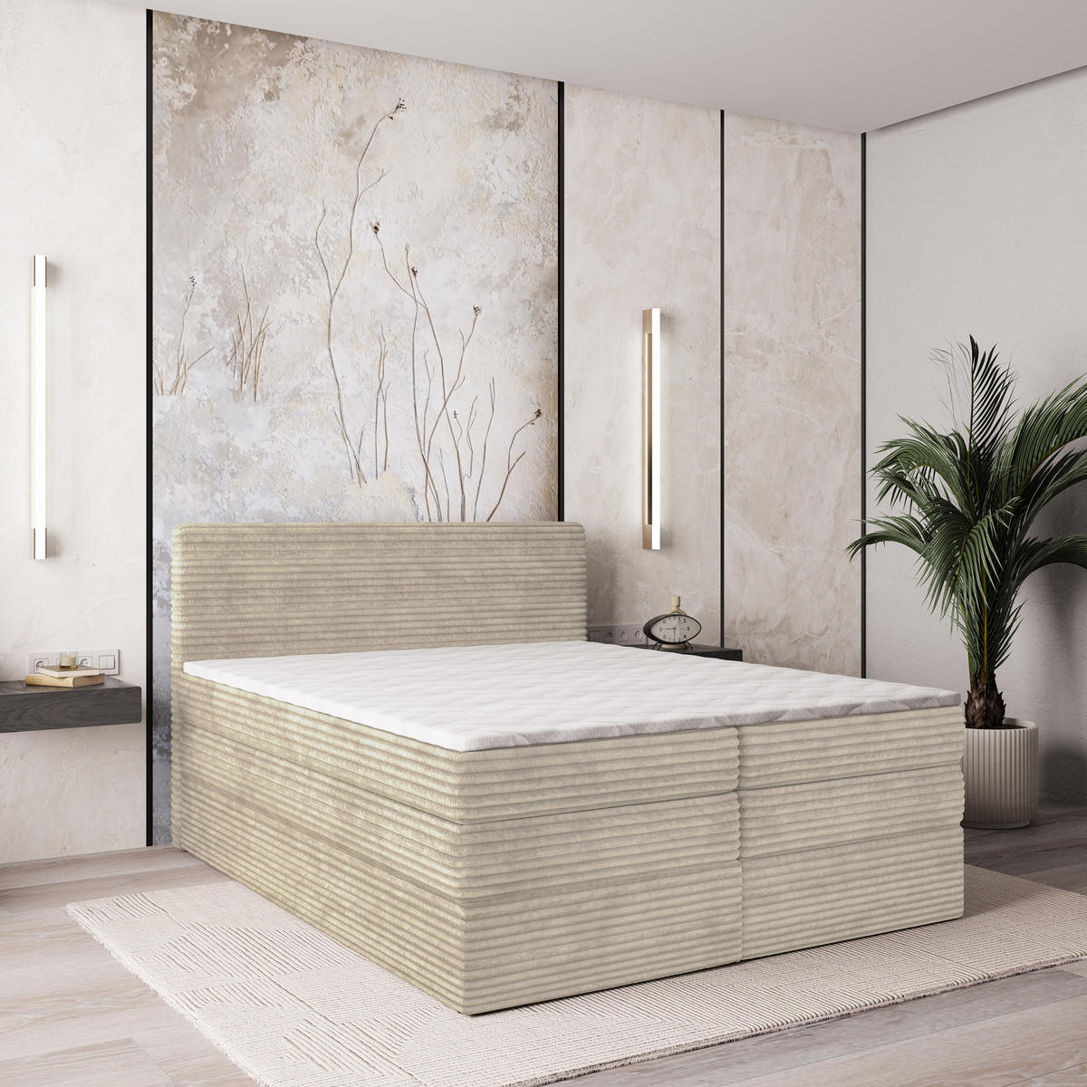 BOXSPRINGBETT LUNERA 180x200 cm mit Matratze und Topper - Creme - Creme, Holz (180/200cm) - MASSENO