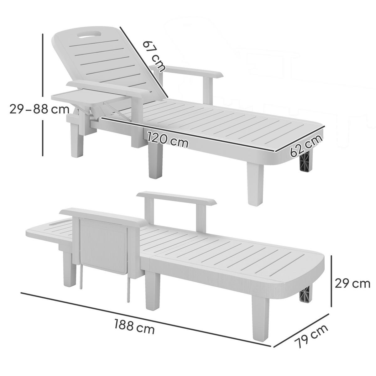 SONNENLIEGE Set aus 2 verstellbaren Gartenliegen mit Couchtisch und Armlehnen aus Polypropylen 79 x 158 x 88 cm ,Weiß - Weiß, Kunststoff (79/88/158cm) - Vallsero