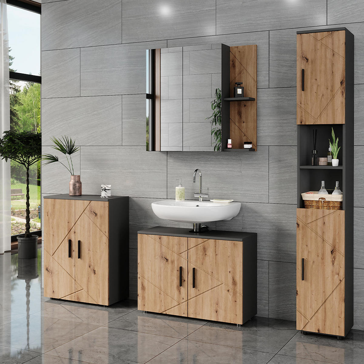 BADMÖBEL-SET Irma Anthrazit/Artisan 4 Teile - Anthrazit/Hellgrau, Holzwerkstoff (80/59/30cm) - Vicco