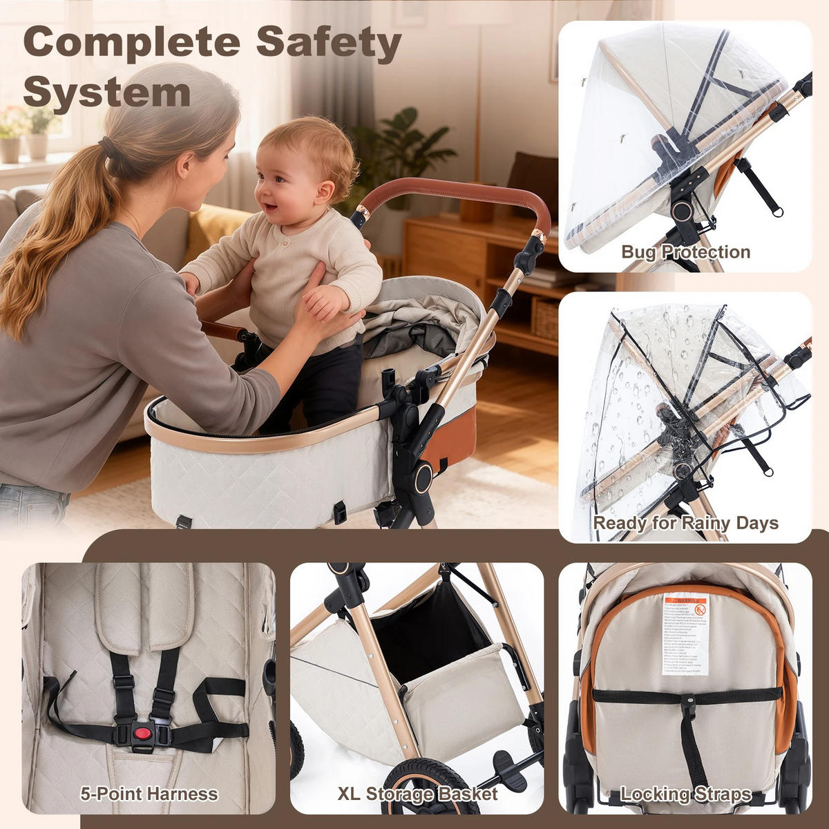 KINDERWAGENSET 3-in-1, tragbarer, klappbar, V8-Rastermuster SCHWARZ - Schwarz, Metall (80/60cm) - Kaket