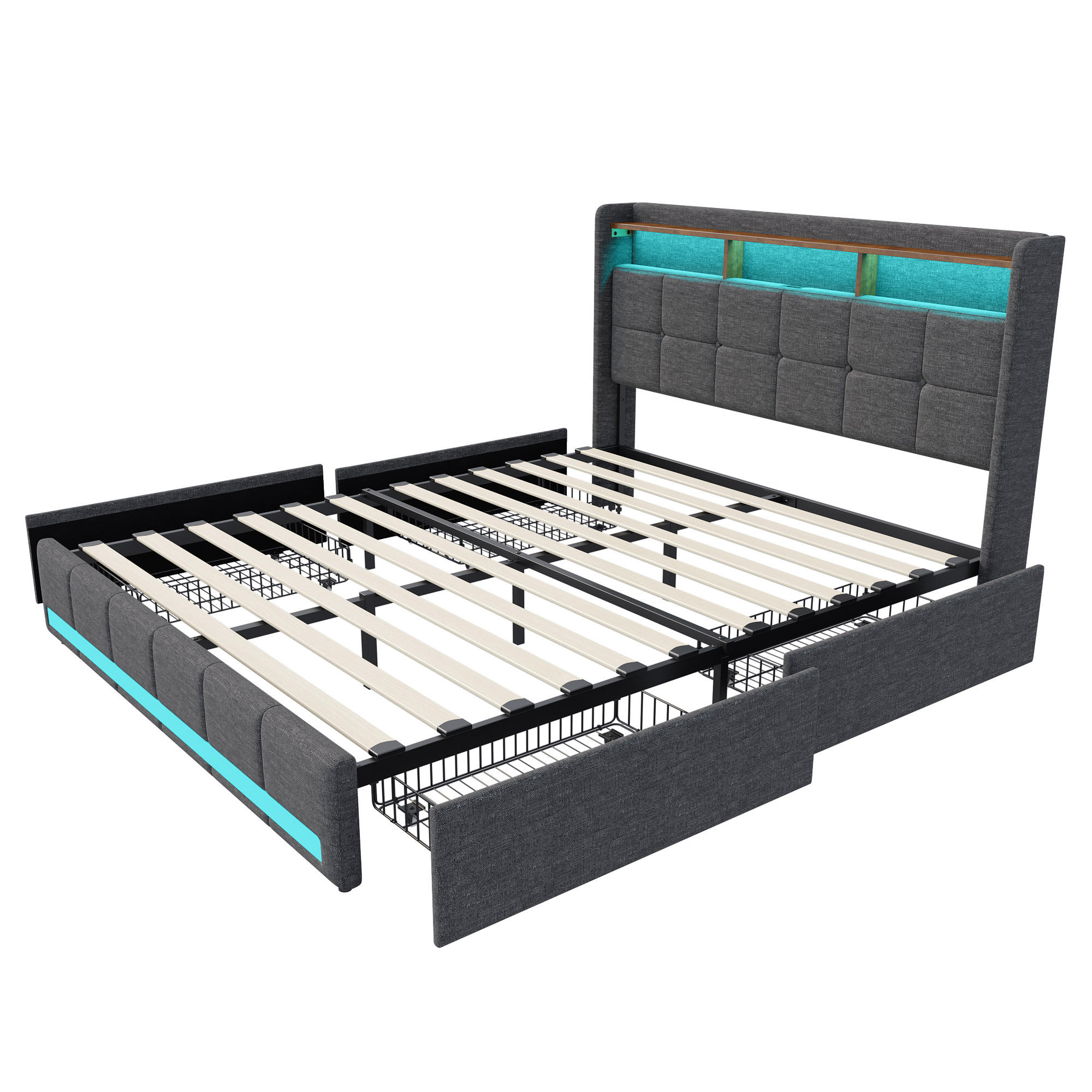 POLSTERBETT 140x190 cm Grau Leinen LED USB 4 Schubladen - Grau, Metall - SHOPENTRA