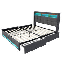 POLSTERBETT 140x190 cm Grau Leinen LED USB 4 Schubladen - Grau, Metall - SHOPENTRA