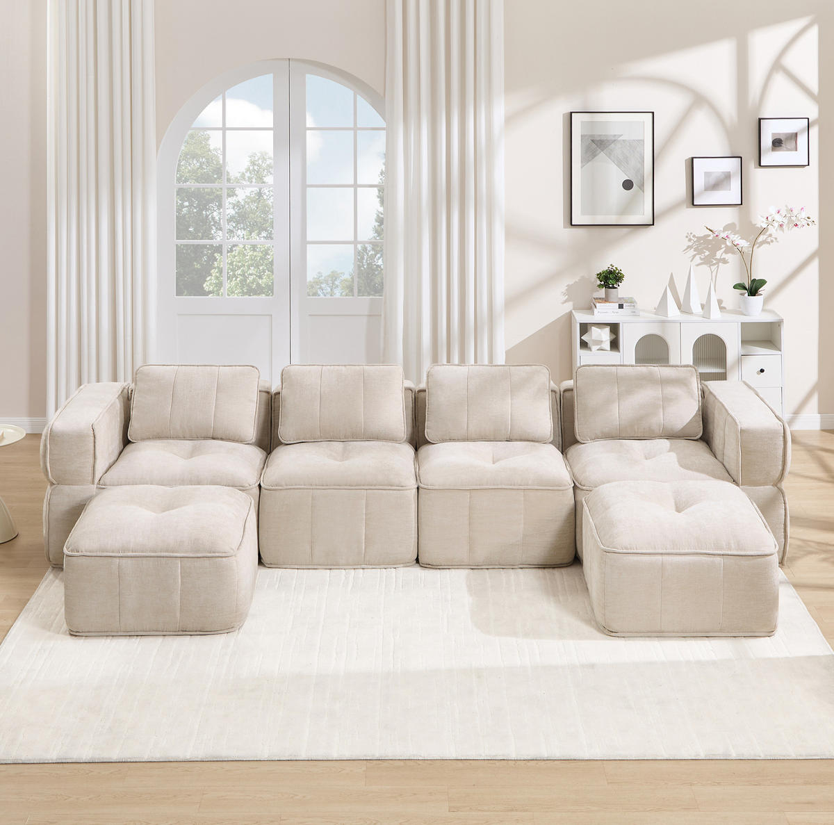 WOHNLANDSCHAFT 344/162/67 cm in Beige aus Polyester mit Hockern - Beige, Kunststoff (162/67/344cm) - Flora Grace