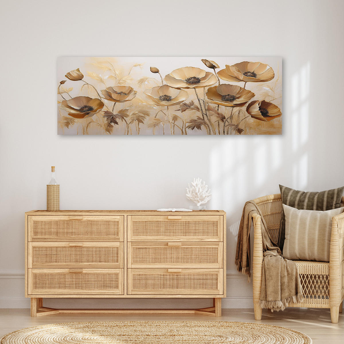 WANDBILD mohnblumen boho beige sepia - Beige, Textil (90/30cm) - Feeby