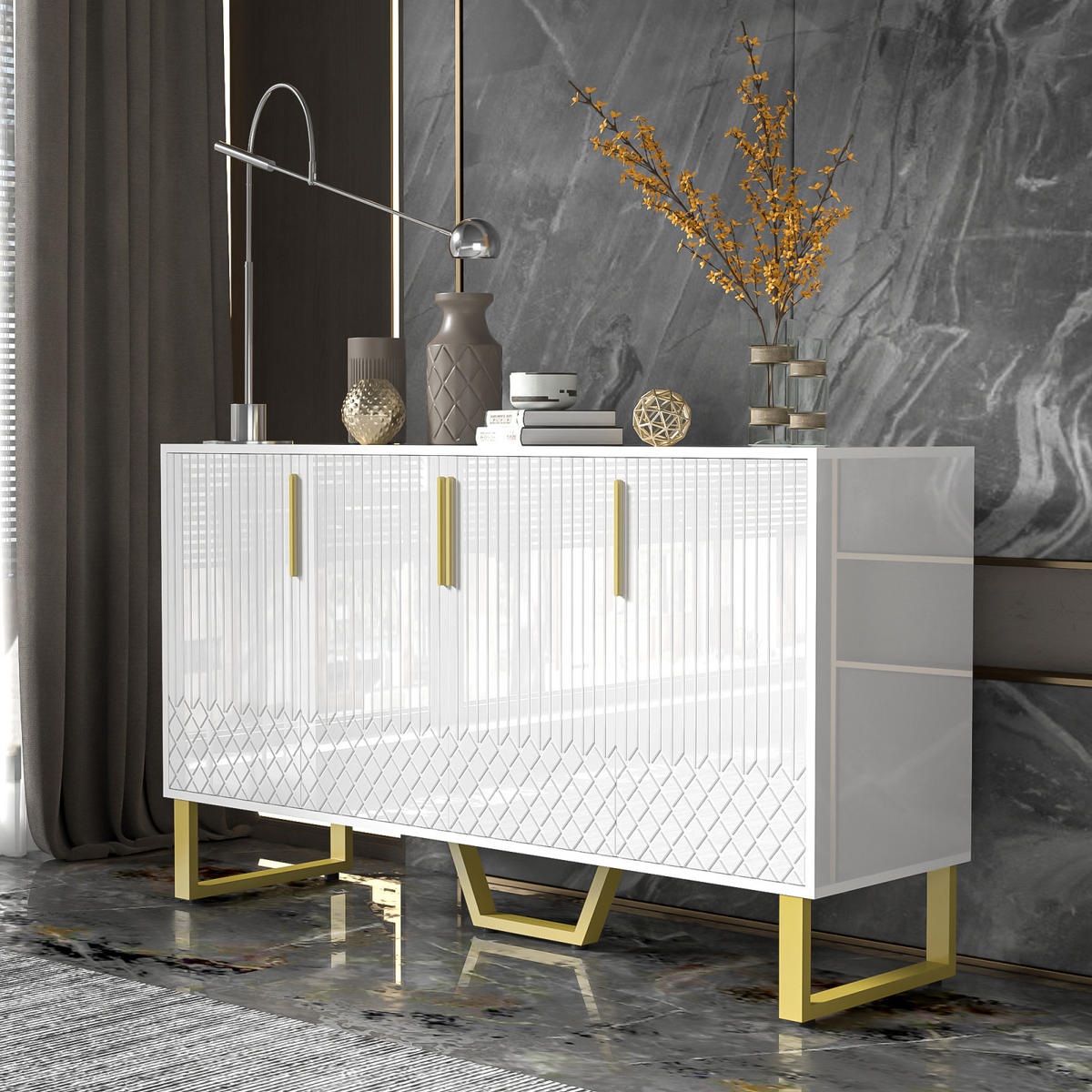 SIDEBOARD Hochglanz, 4 Türen, Metallgriffe, Metallfüße - Weiß, Holz (140/80/40cm)