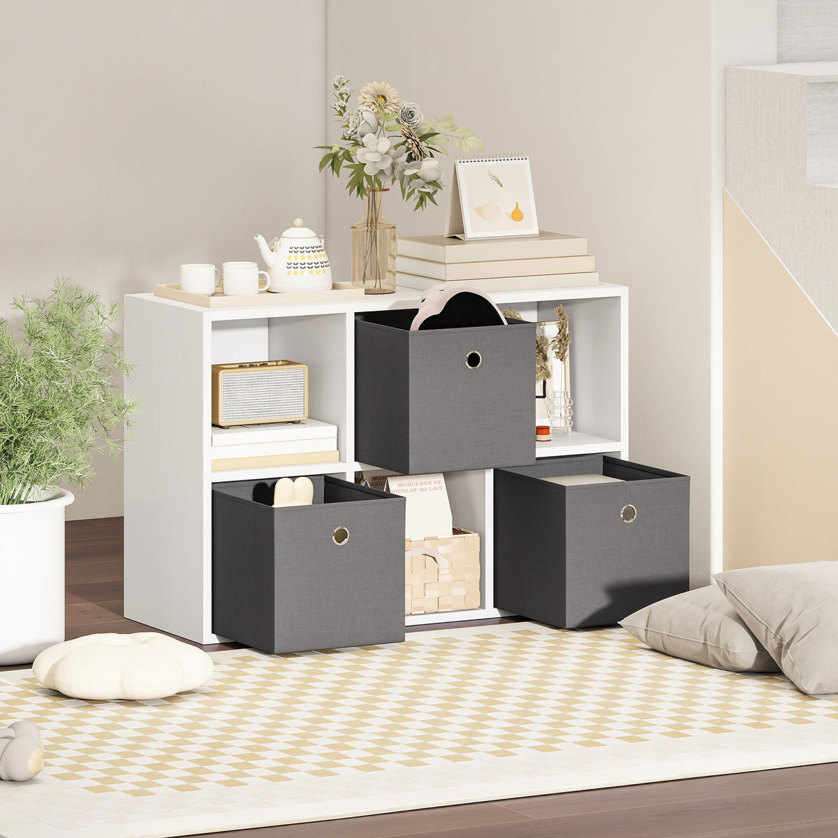 BÜCHERREGAL Bücherschrank mit 3 Stoff-Schubladen, Standregal mit offenen Regalen - Weiß, Holzwerkstoff/Textil (30/79.8/53.7cm) - HOMCOM
