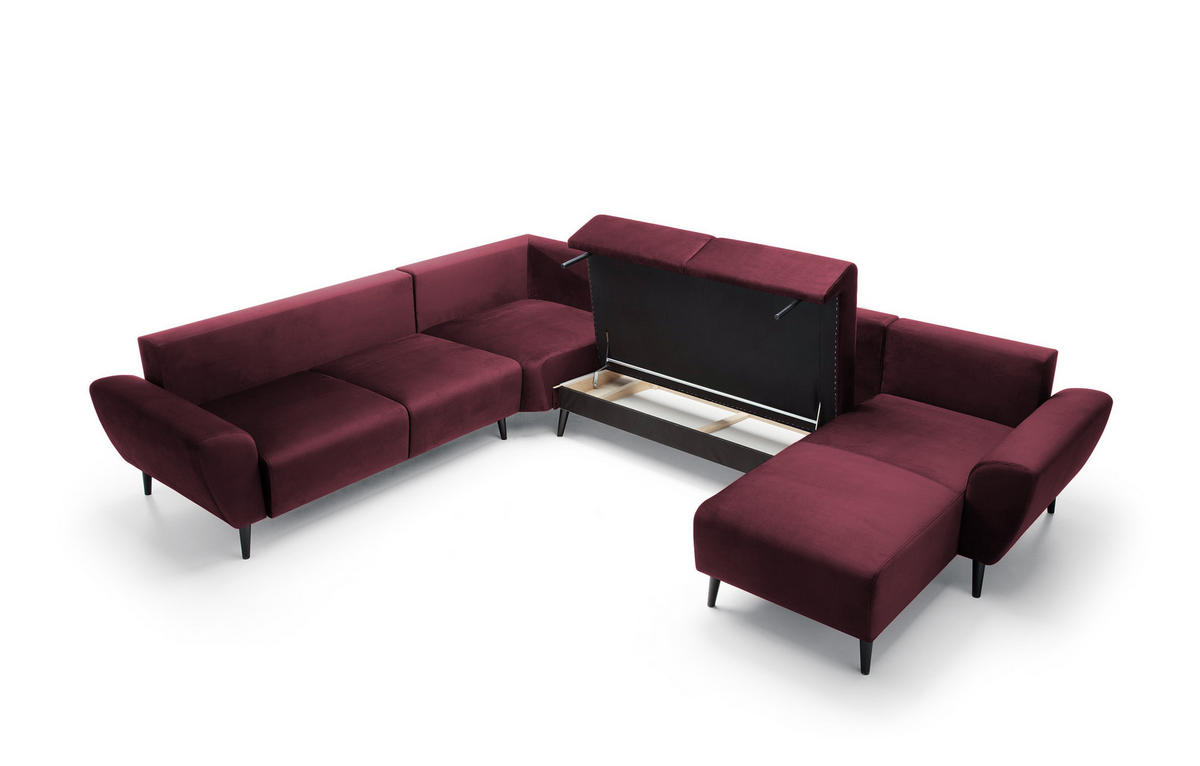 ECKSOFA BOSCO U-Form, Monolith-Stoff, freistehend, mit verstellbaren Kopfstützen, Sofa für Familien, Größe: 340x270x98cm, Farbe: Burgunderrot - Bordeaux, Holz/Textil (340/270cm) - DomoHome
