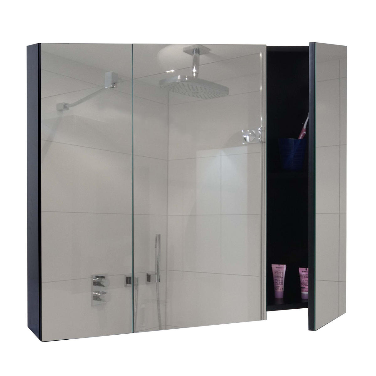 SPIEGELSCHRANK B19B Hochglanz Schwarz - Schwarz Hochglanz, Holz (80/70/16cm) - MCW