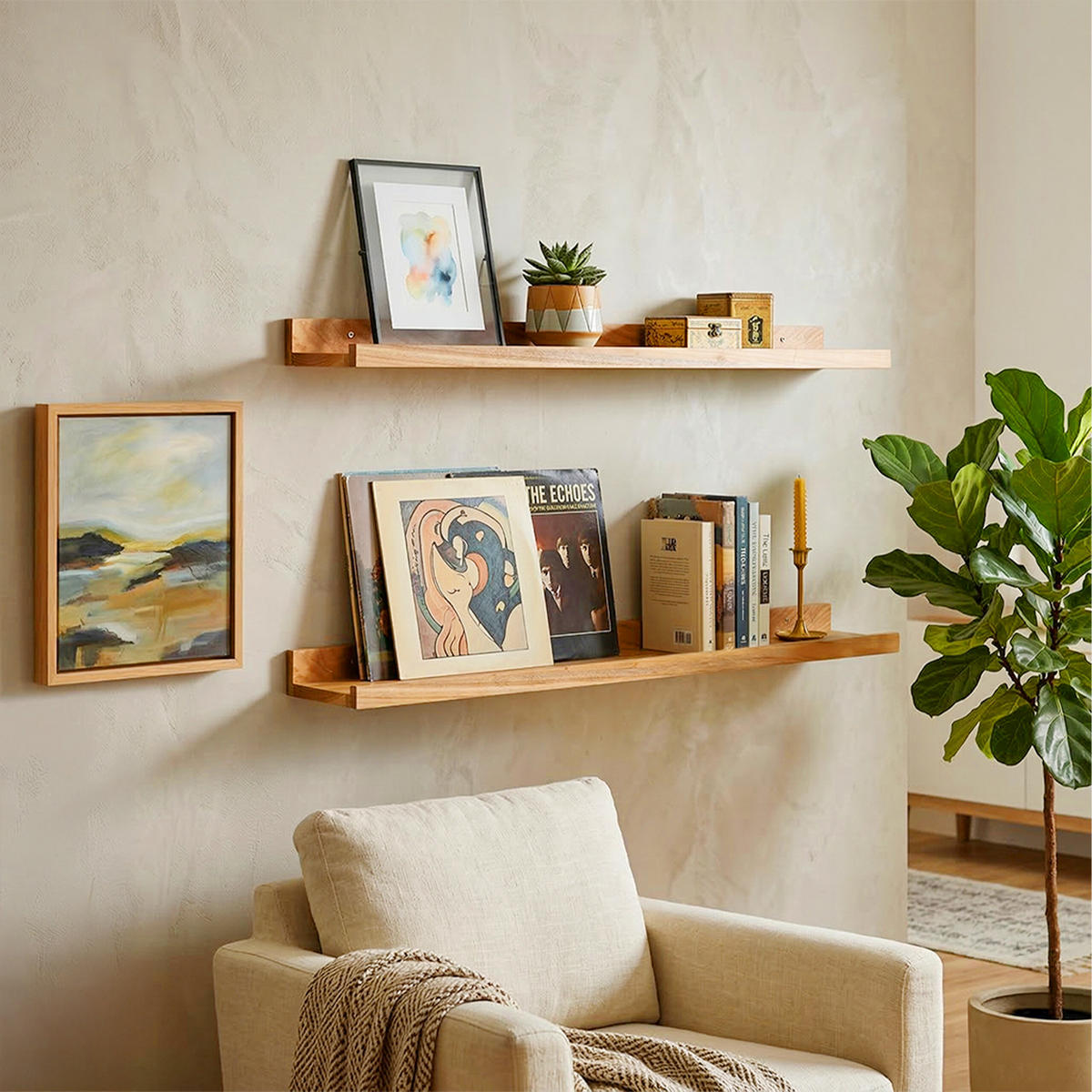 STENNÁ polica - svetlohnedá, drevo (100/5/15cm) - Relaxdays