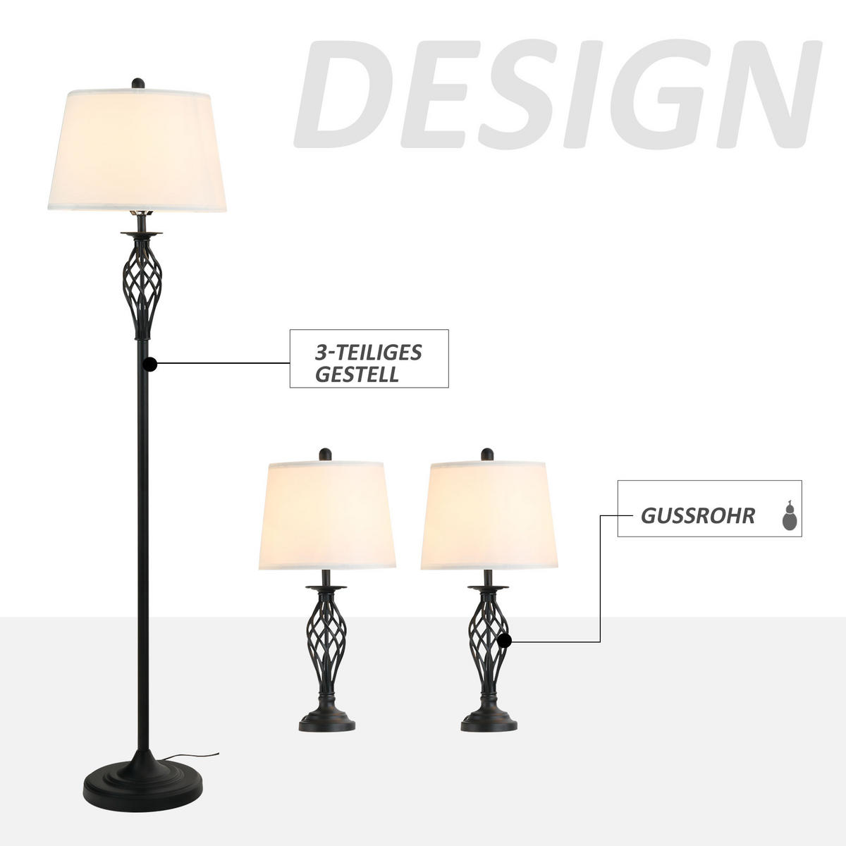 3ER-LAMPENSET 2 Tischlampe(ø38 x 158 cm) + 1 Stehlampe(ø30 x 62 cm) Weiß - Multicolor, Metall (38/158/30cm) - HOMCOM