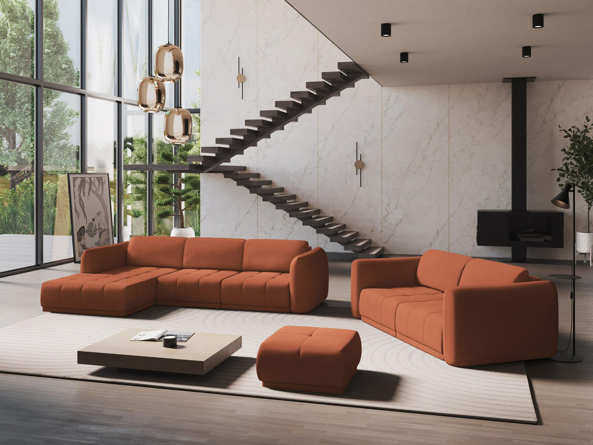ECKSOFA Links Chenille Stoff Orange - Terracotta/Schwarz, Kunststoff/Textil (170/290cm) - Makamii
