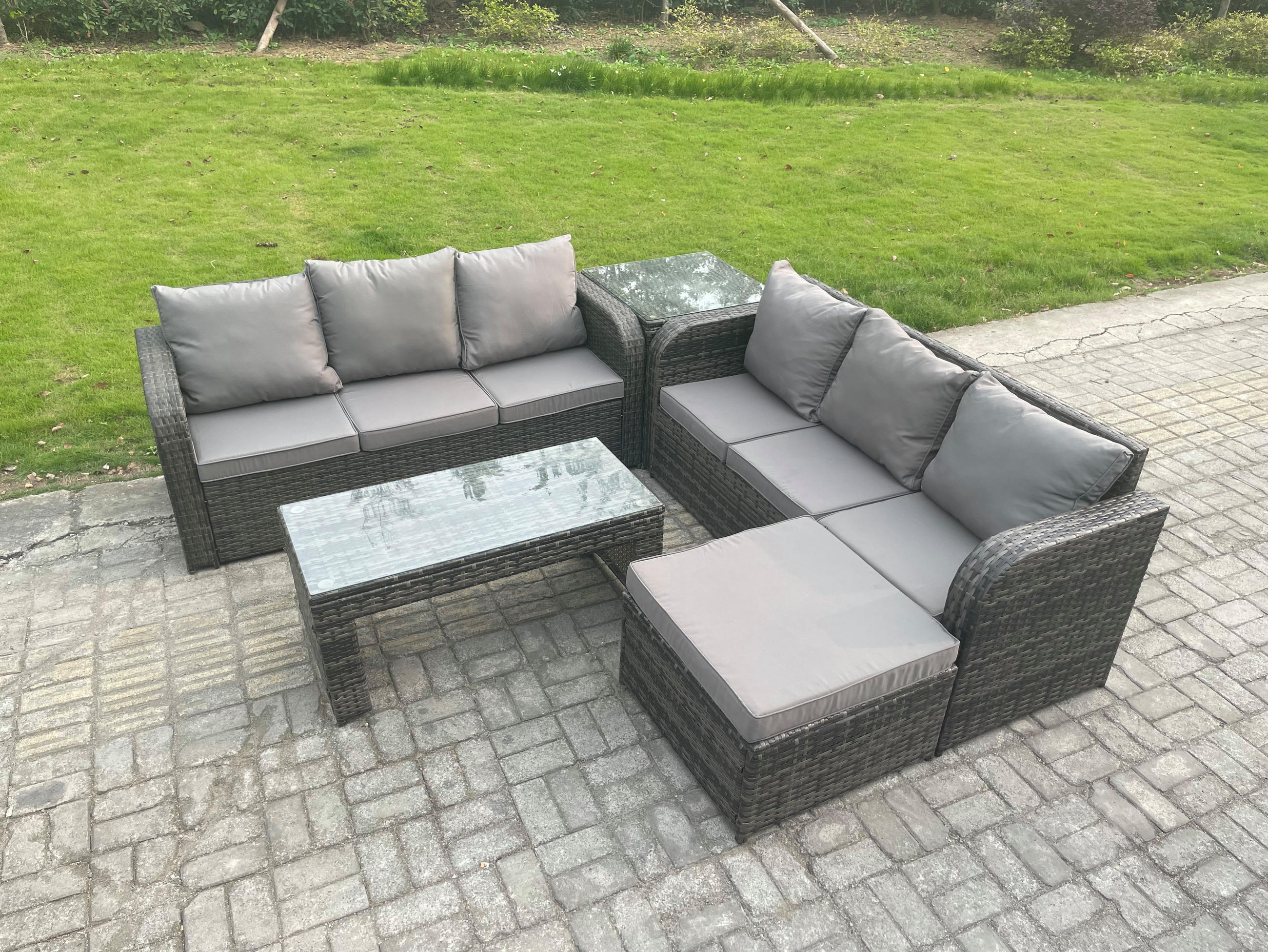 GARTENSOFA SET mit COUCHTISCH Polyrattan 7-Sitzer - Dunkelgrau/Grau, Glas/Kunststoff - Fimous