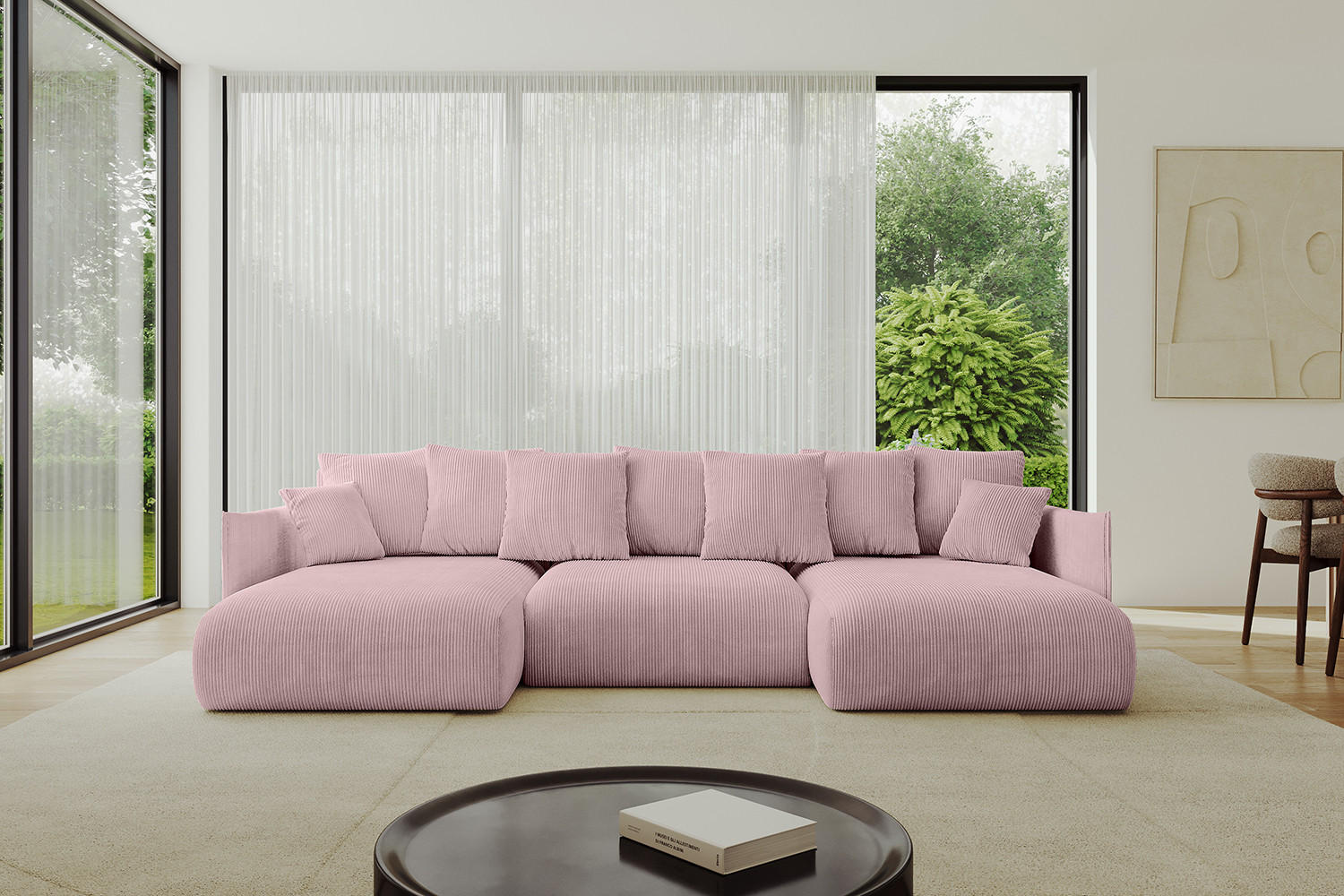 WOHNLANDSCHAFT mit Schlaffunktion und Bettkasten ONESK-U 317x177x72 Rosa Cord - Rosa, Holzwerkstoff/Kunststoff (317/72/177cm) - ALTDECOR