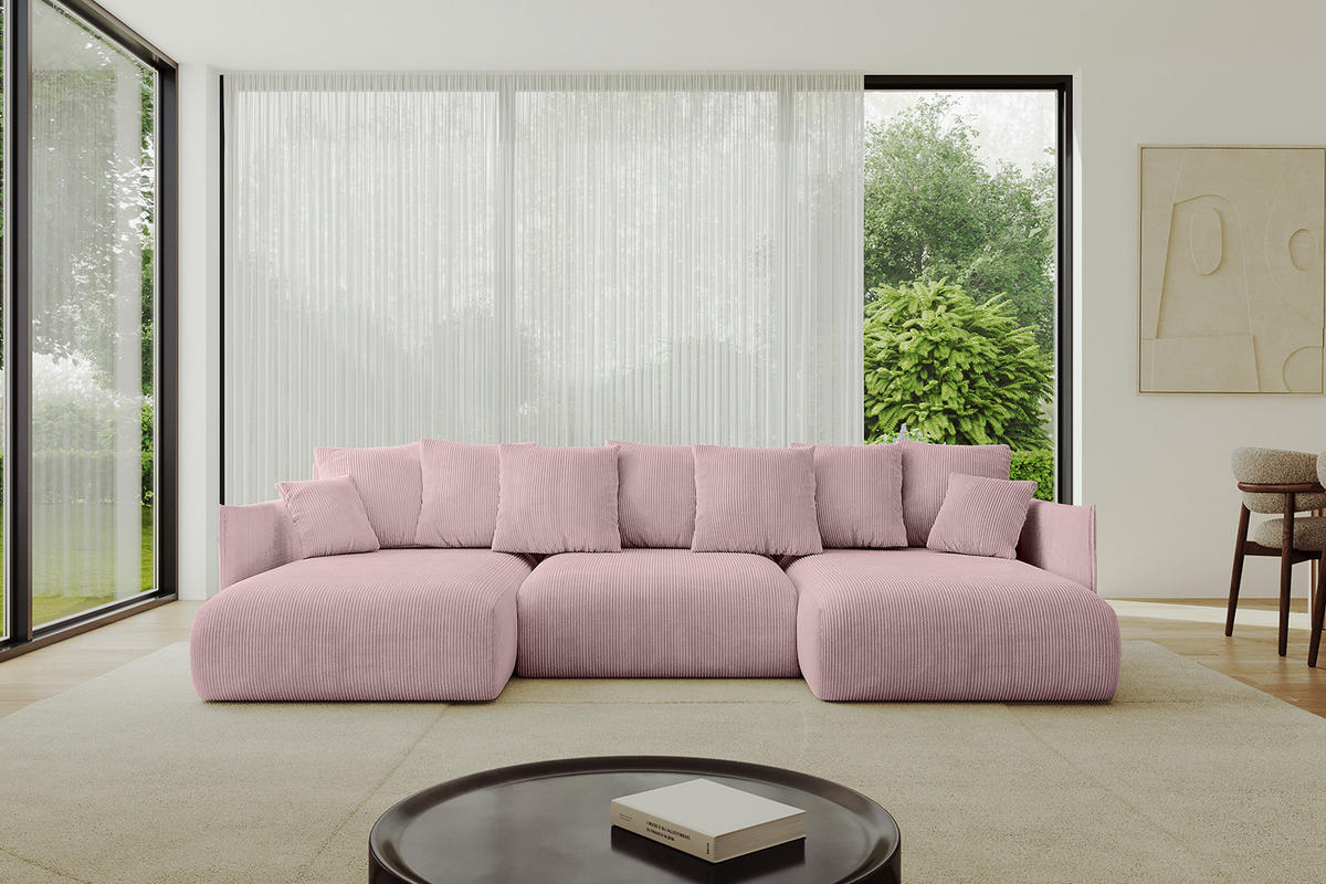 WOHNLANDSCHAFT mit Schlaffunktion und Bettkasten ONESK-U 317x177x72 Rosa Cord - Rosa, Holzwerkstoff/Kunststoff (317/72/177cm) - ALTDECOR