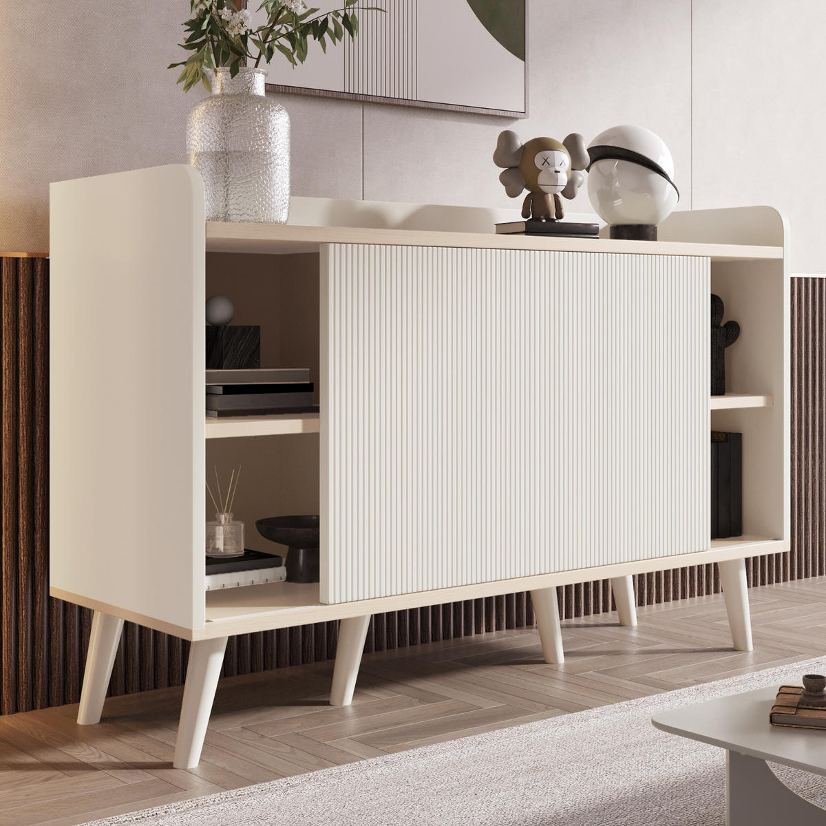 SIDEBOARD mit Schiebetüren & 3 Schubladen, Weiß und Holzoptik - Beige, Holzwerkstoff/Metall (117.5/79/39.5cm) - Urban Meuble