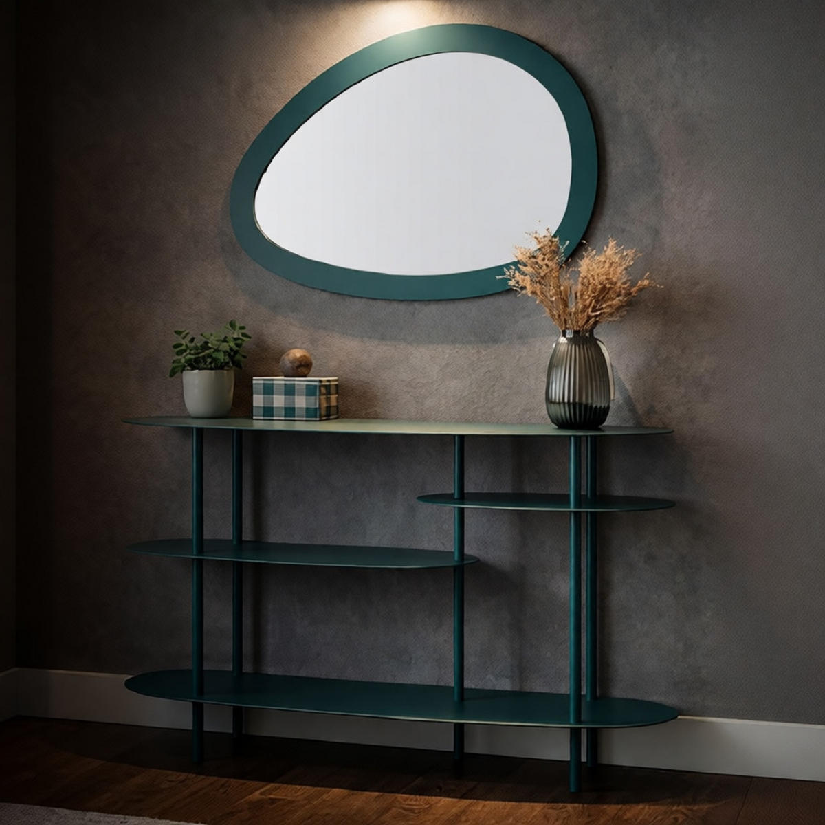 WANDSPIEGEL Saturno, petrolfarben, Eisen, MDF und Spiegelglas, 71 x 1,5 x 48 cm - Petrol, Glas/Holzwerkstoff (71/48/1.5cm) - Mauro Ferretti