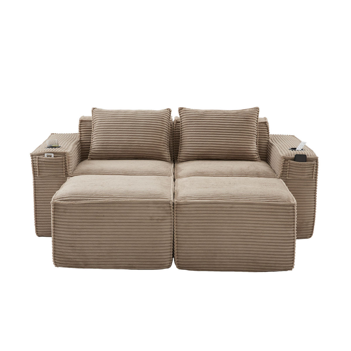 2-SITZER-SOFA DE-33836 mit 2 Hockern Khaki - Sandfarben, Textil (188/75/162cm) - ComfortXL