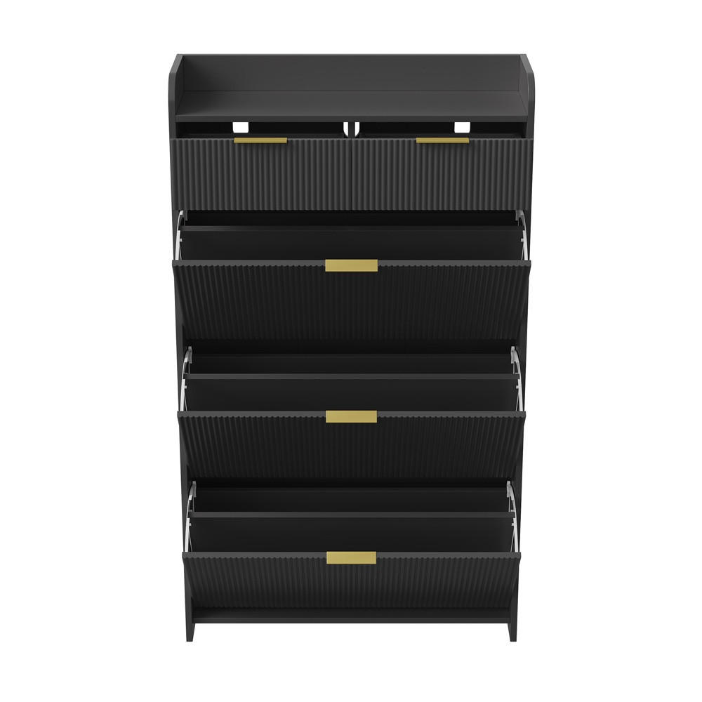 SCHUHSCHRANK im modernen Design - Kompakter Kipp-Schuhkipper mit Schubladen & 3 Klappen - Schwarz - Schwarz, Holzwerkstoff (24.2/133.5/77.1cm) - DELFA