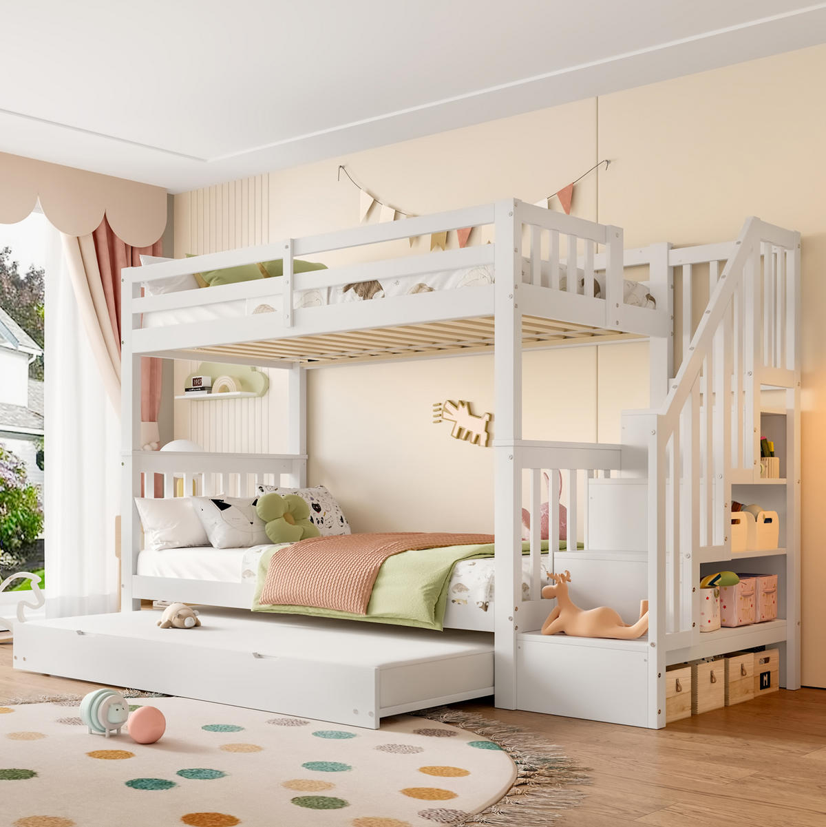 ETAGENBETT 90/200 cm in Weiß mit Rollbett, Treppenregal und hoher Absturzsicherung - Weiß, Holzwerkstoff (90/200cm) - Flora Grace