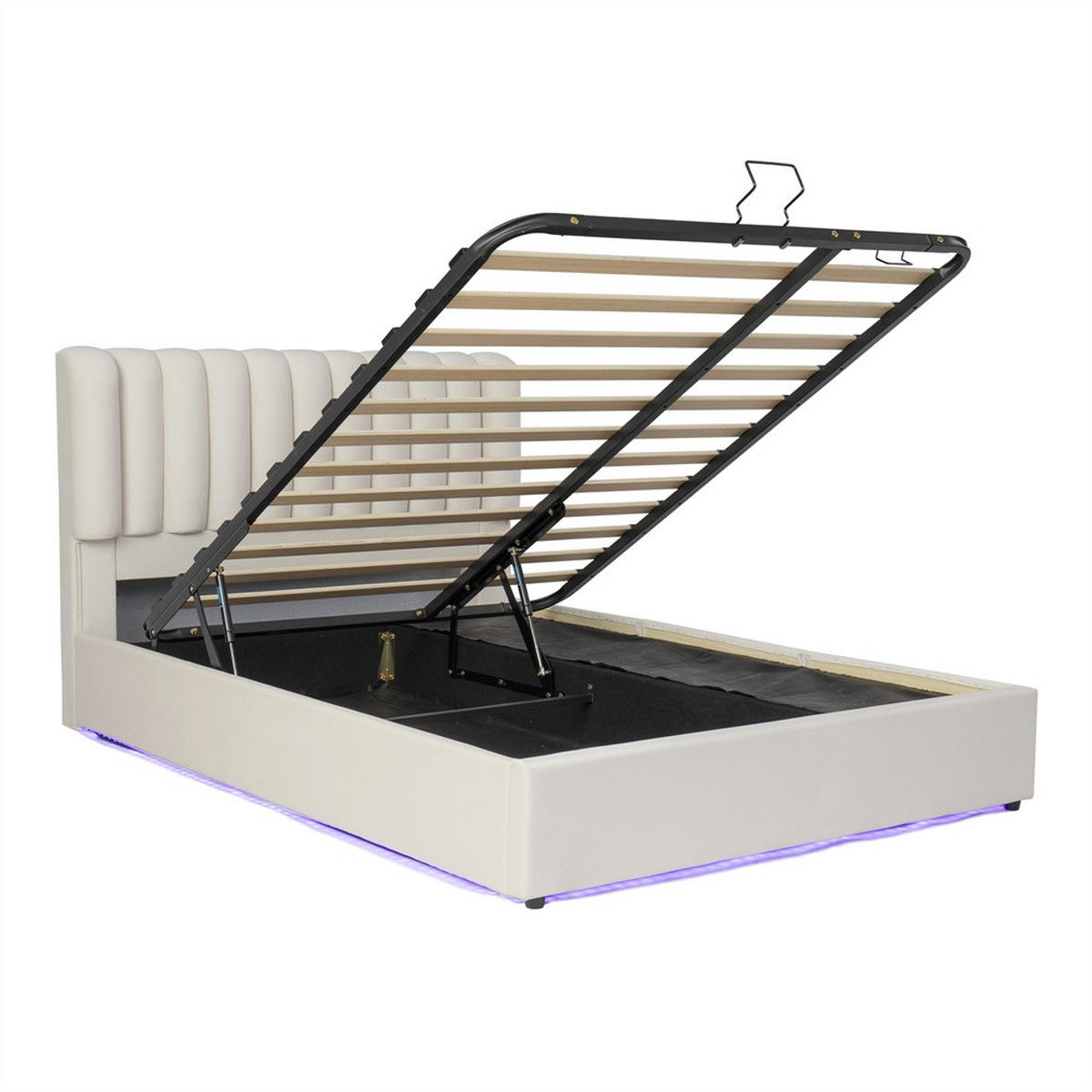 POLSTERBETT 140x200 cm mit hydraulischem Stauraum - 3 Schubladen & LED-Beleuchtung - Beige - ohne Matratze - Beige, Textil (140/200cm) - DELFA