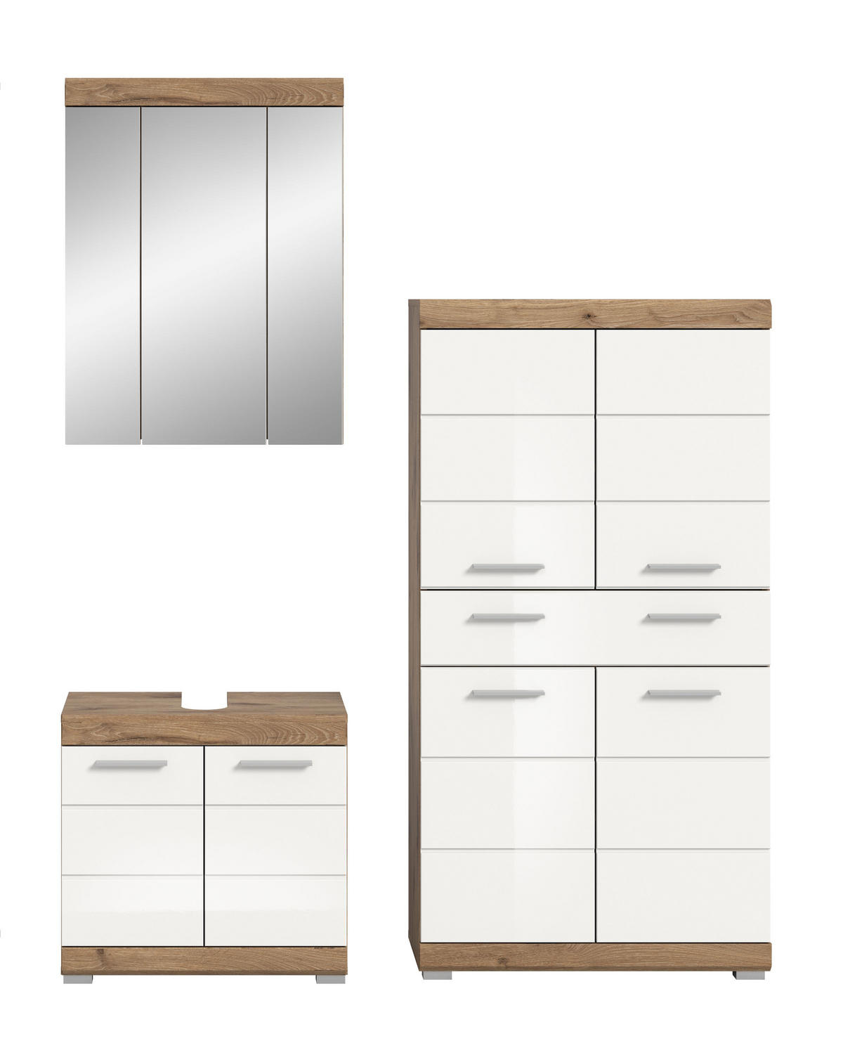 BADKOMBINATION 3tlg. Wave Bad in Nox Oak Nachbildung und weiß hochglanz B/H/T: 149x191x34 cm - Eichefarben, Holz (149/191/34cm)