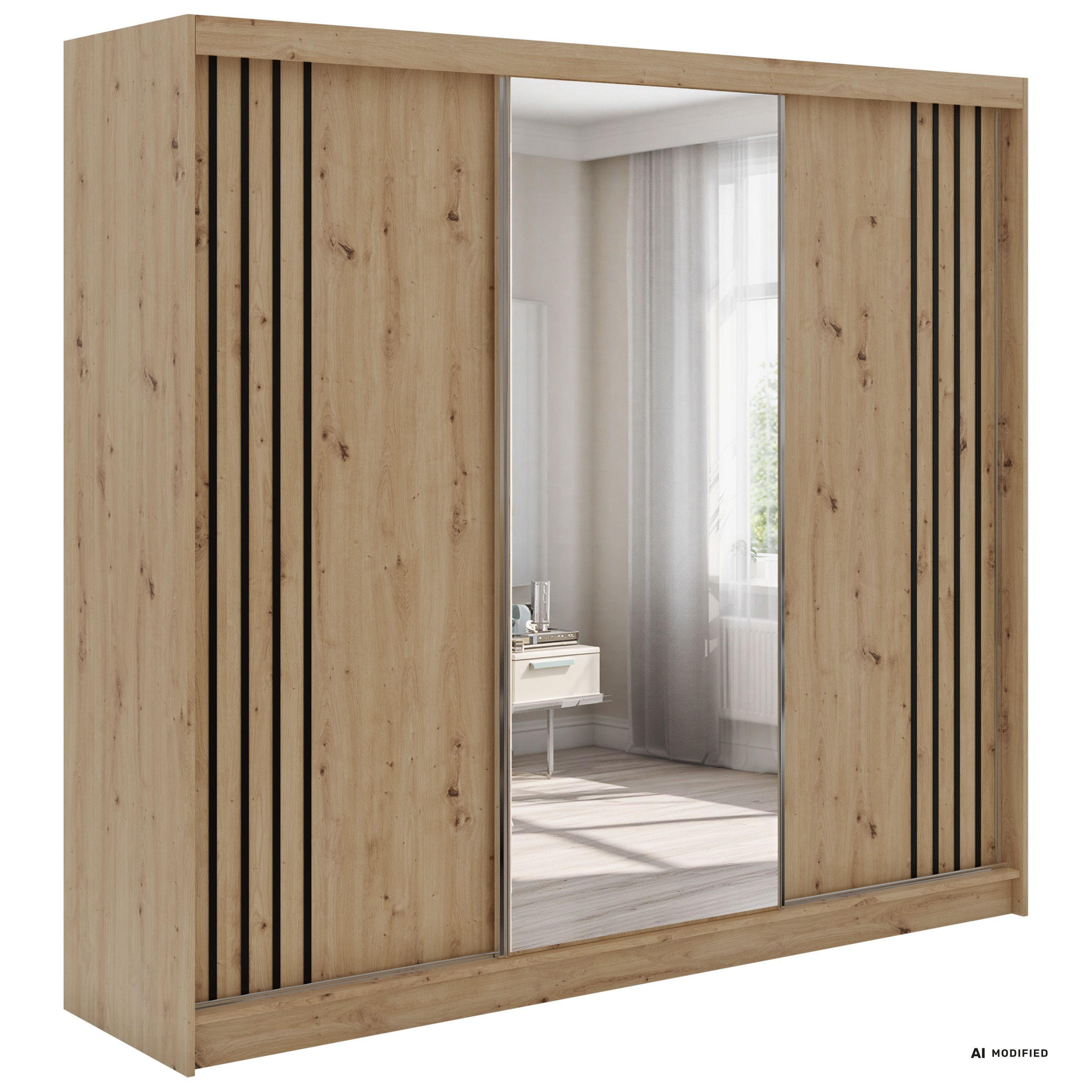 SCHWEBETÜRENSCHRANK mit Lamellen und Spiegel DIANA - 240 - Eiche Artisan und Schwarz - Schwarz/Alufarben, Holzwerkstoff/Metall (240/216/61cm) - MKS