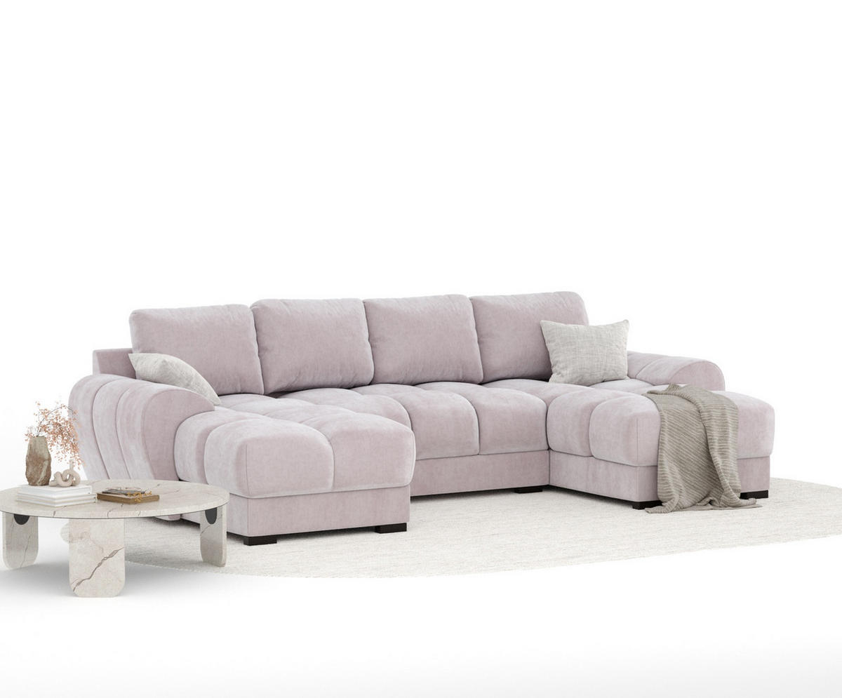 WOHNLANDSCHAFT Peebles Lila Samtstoff - Flieder/Schwarz, Holz/Holzwerkstoff (330/90/175cm) - Maison de Reve