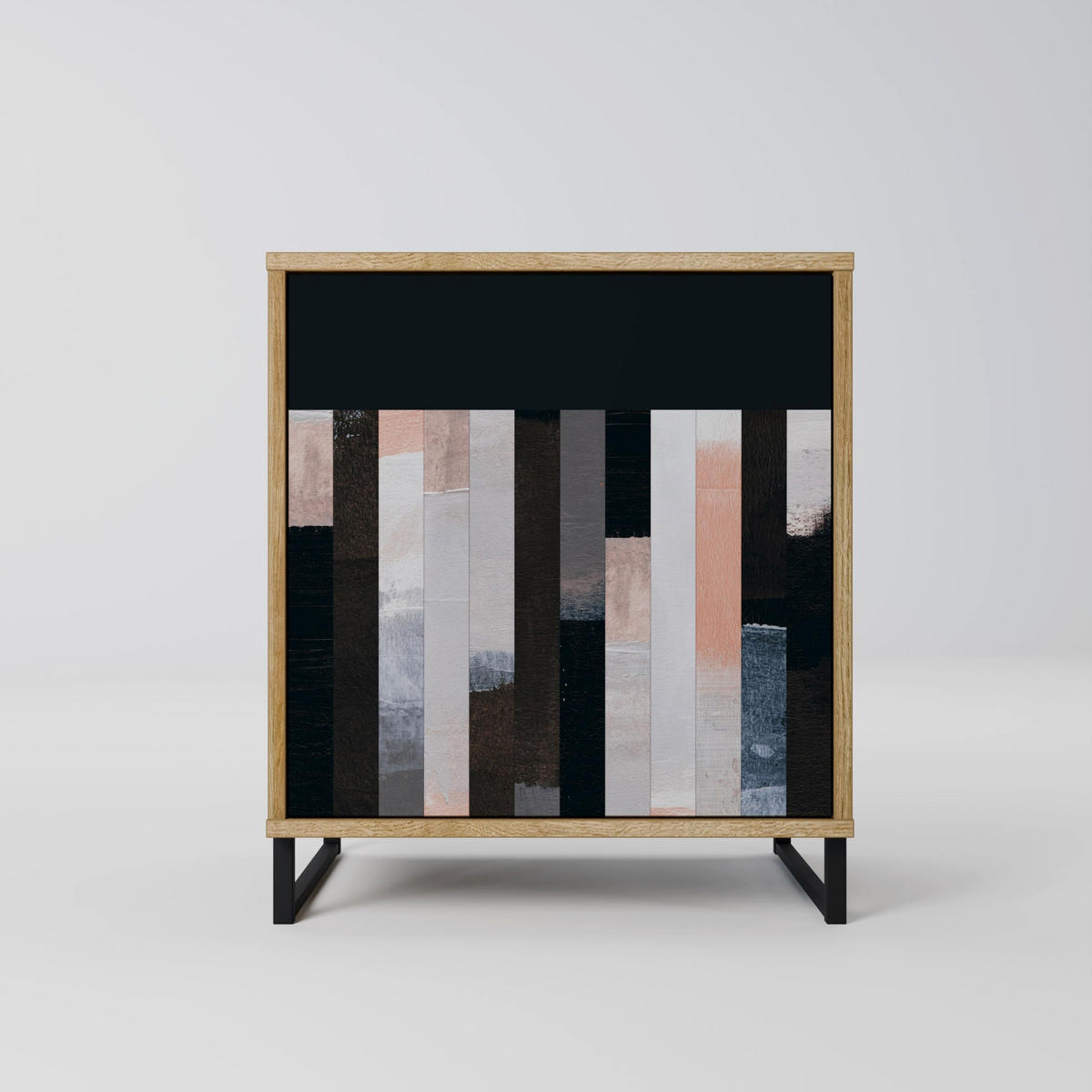 SIDEBOARD COLLAGE OF RECTANGLES, Eichefarben, 57,5x42x72,5 cm, Schwarze Metallfüße - Eichefarben/Multicolor, Holzwerkstoff/Metall (57.5/72.5/42cm) - SpaceRebels
