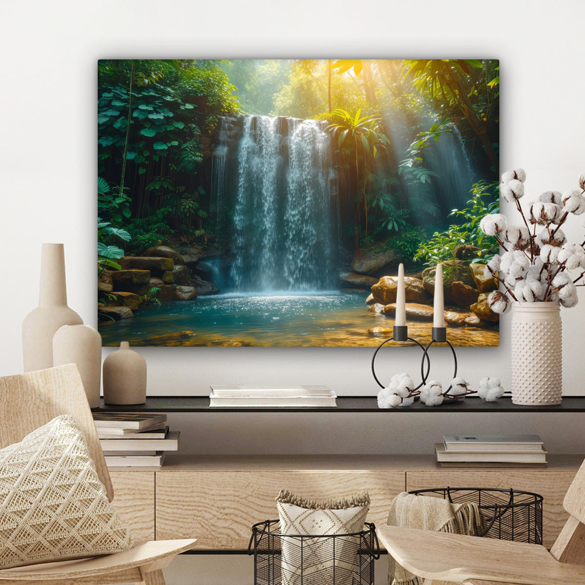 LEINWANDBILD Wasserfall - Dschungel - Sonne - Grün - Natur Wandbilder 80x60 cm - Grün, Textil (80/60cm) - MuchoWow