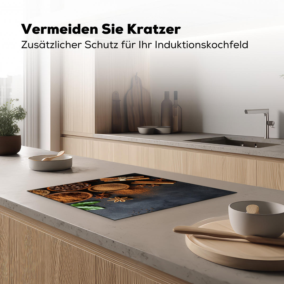 HERDABDECKPLATTE Zimt - Beton - Kaffee - Zimtstangen - Gewürze Ceranfeldabdeckung 59x52 cm - Mokka, Kunststoff (59/52/0.2cm) - MuchoWow