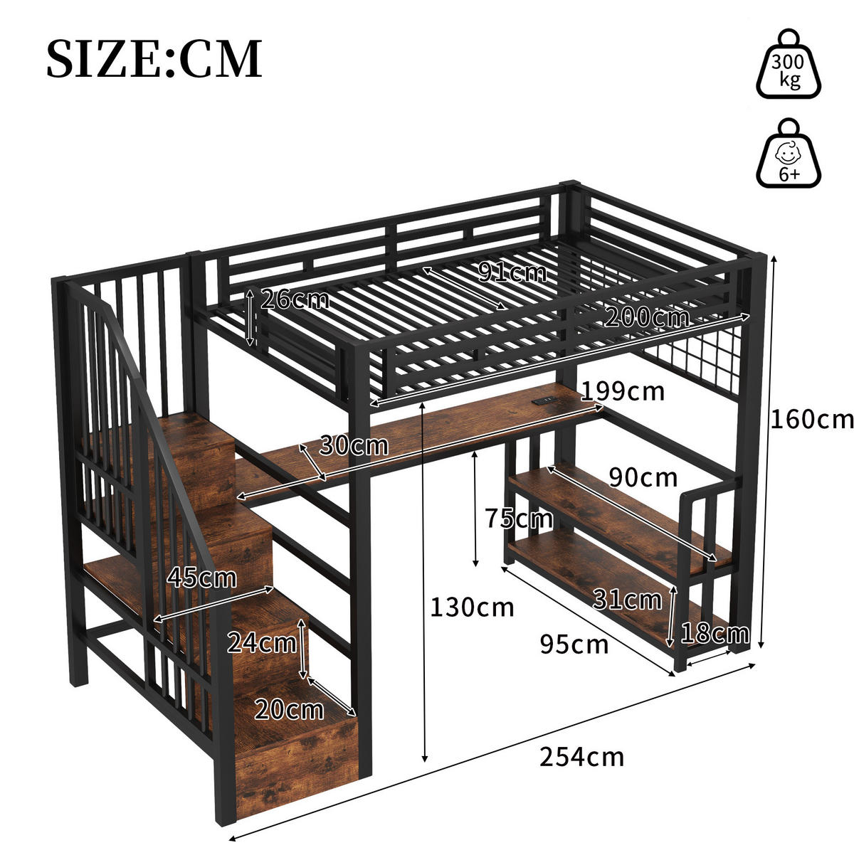 HOCHBETT 90/200 cm, Schwarz mit Schreibtisch, LED-Lichtleiste - Schwarz, Metall (90/200cm) - MIVRAY