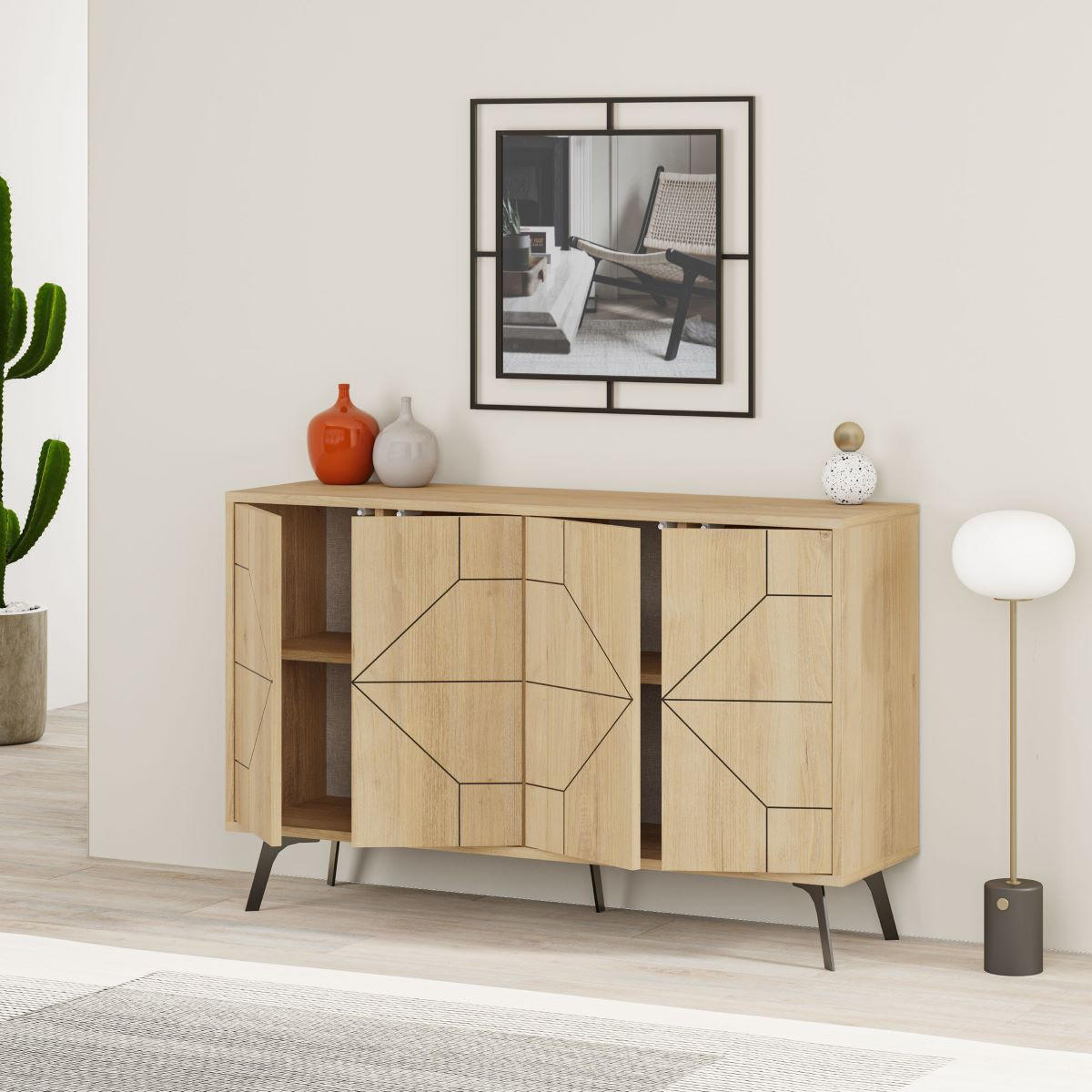 BUFFET mit 4 Türen und dekorierten Türen L123 cm - Dune - Eichefarben, Holzwerkstoff (35/62.4/123cm) - Calicosy