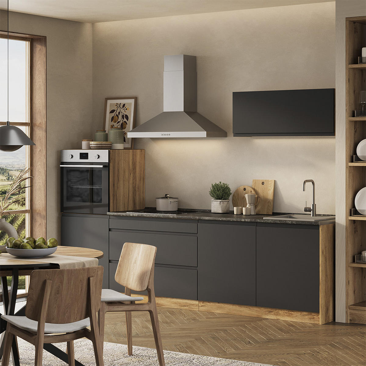 KÜCHENZEILE R-Line, Anthrazit/Goldkraft Eiche, 280 cm Arbeitsplatte Weiß - Eichefarben/Anthrazit, Holzwerkstoff (280/143/60cm) - Vicco