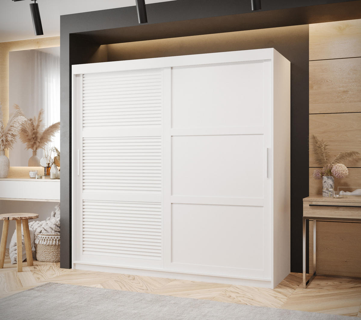 SCHWEBETÜRENSCHRANK 200/180/62 2-türig - Silberfarben/Weiß, Holz/Kunststoff (180/200/62cm) - MÖBEL KRYSPOL