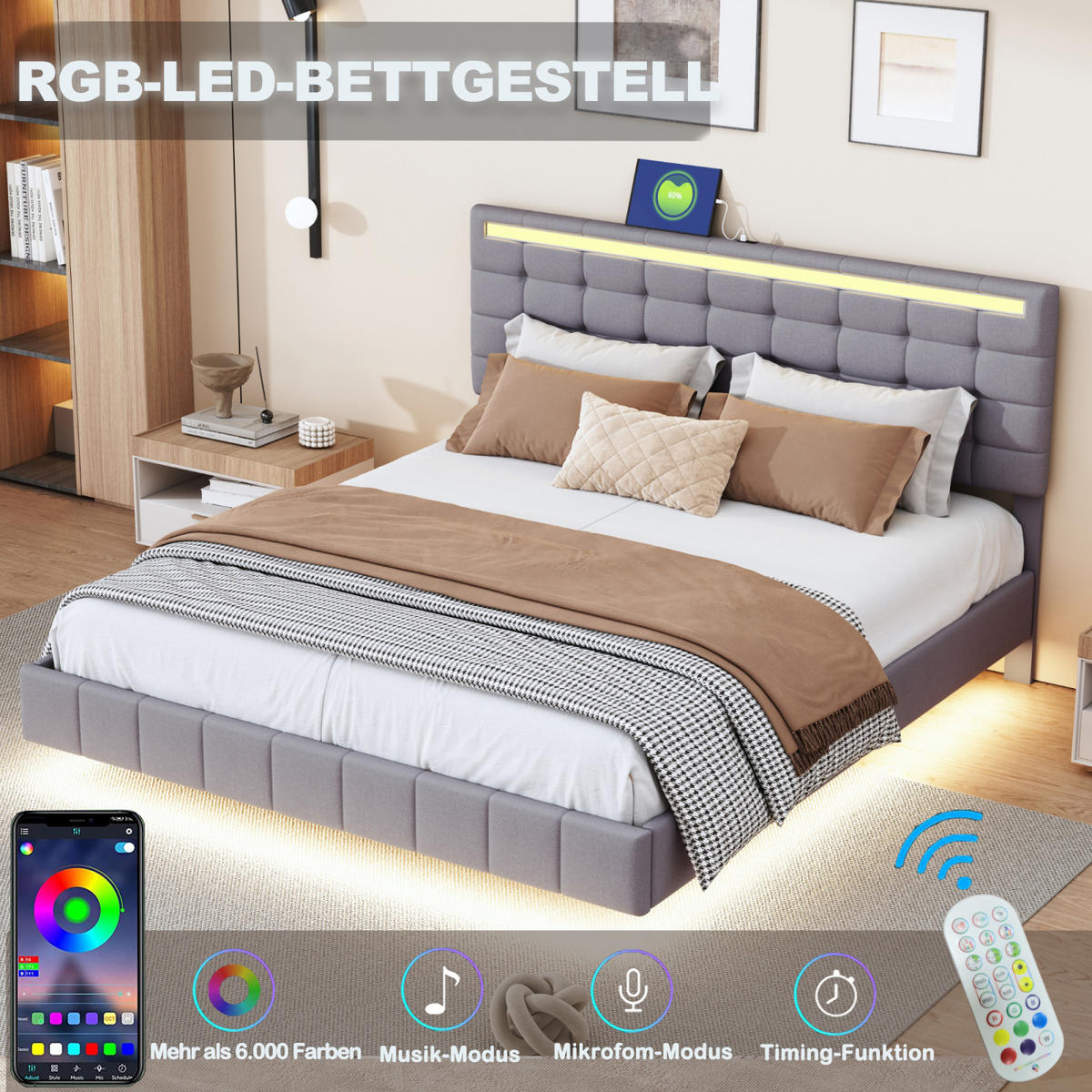 POLSTERBETT 160x200 cm, Grau, mit LED-Beleuchtung & USB - Grau, Textil/Metall (160/200cm)