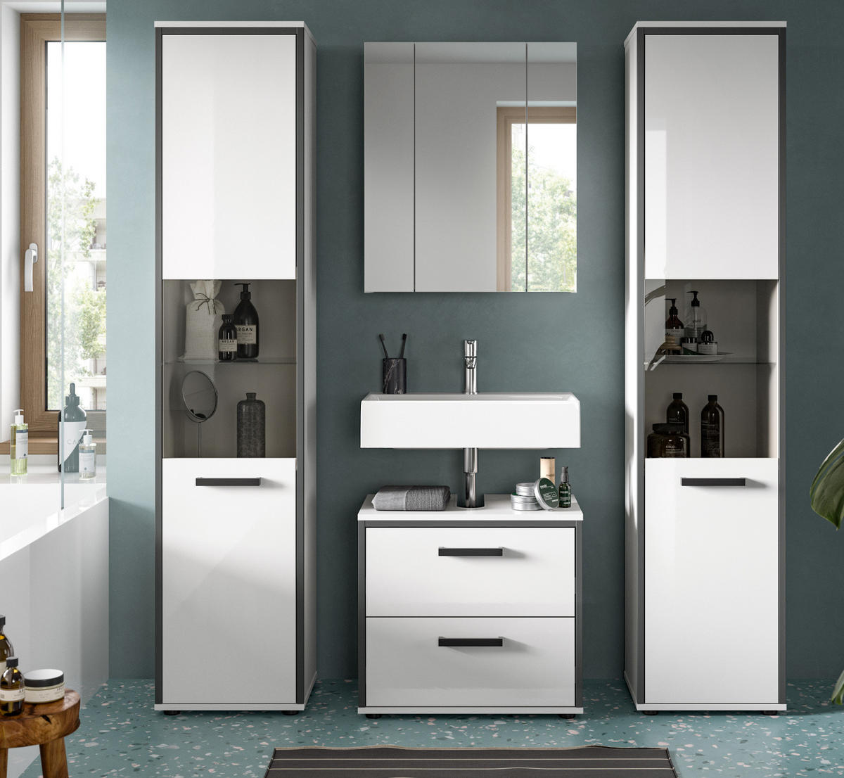 BADMÖBEL-SET 4-teilig Set weiß Hochglanz, grau, Badezimmermöbel mit viel Stauraum - Weiß Hochglanz/Schwarz, Glas/Holzwerkstoff (170/188/37.5cm) - Inn.Furn