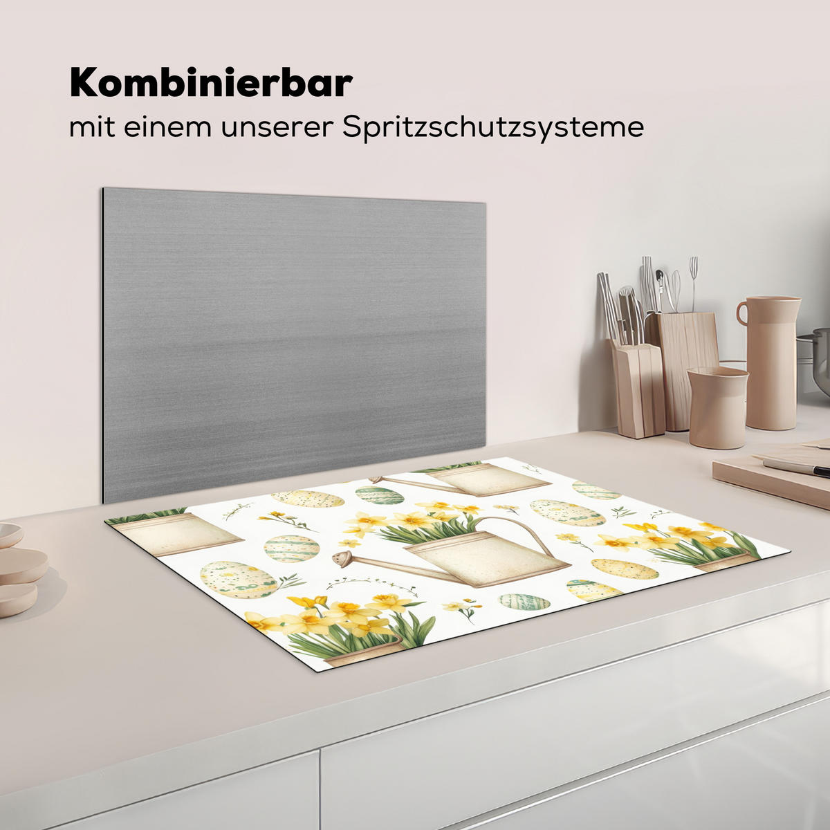HERDABDECKPLATTE Gießkanne - Blumen - Eier Herdabdeckung Induktionsfeld 75x52 cm - Weiß, Kunststoff (75/52/0.2cm) - MuchoWow