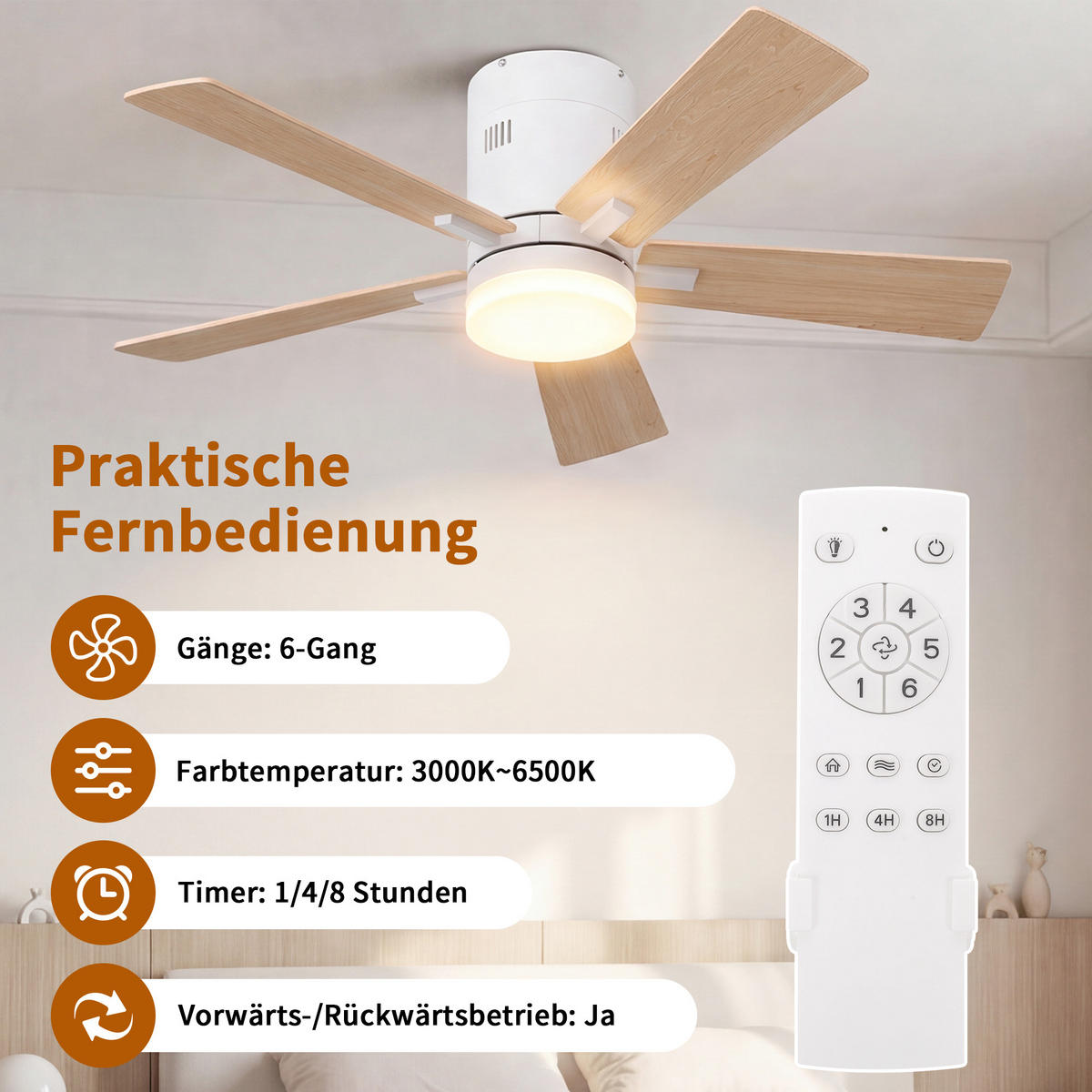 STROPNI ventilator z LED lučko, 106,6 cm, 5 lesenih lopatic, 6 hitrosti in časovnik - naravne barve, kovina (106.6/106.6/28cm) - EuroLiving